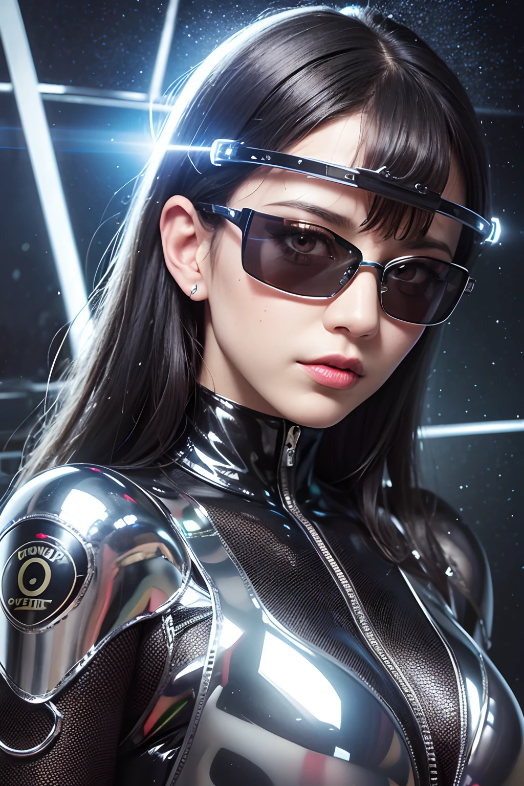 a close up of a woman in a bodysuit and sunglasses, cyborg fashion shot, cyborg fashion model, holographic suit, wearing futuristic clothing, chrome outfit, chrome bodysuit, wearing futuristic, futuristic clothing and helmet, biomechanical bodysuit, metal bikini, futuristic glossy latex suit, metallic neoprene woman, futuristic tech wear, futuristic clothing, wearing futuristic space gear