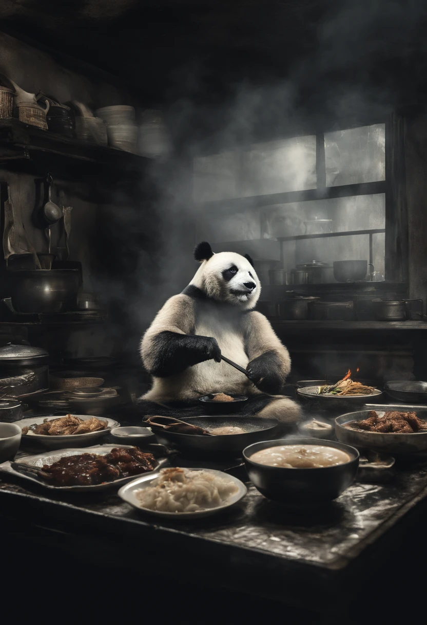 Realism, 真实感, Capture a touching moment, When a giant fluffy panda in a chef's apron, with a Pra'ar cap on his head, Standing behind the stove in the restaurant., On the stove of skoworrd with other meat. Crowded restaurant, Old Vintage BD Restaurant, People look at him, Savoring a plate of nasi lemaka, Fried Chicken, and a glass of icy cute. A panda's face should glow with pure happiness and wonder, With a mouthful of Naxi Lemak, It doesn't matter, that it's the first time to try this beloved Malaysian dish, 4k, dramatic lighting, tension, Smoke effect, A lot of smoke, The kitchen is lit in the background,