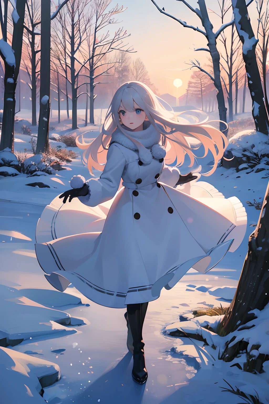 A woman in a white coat is walking through the snow - SeaArt AI