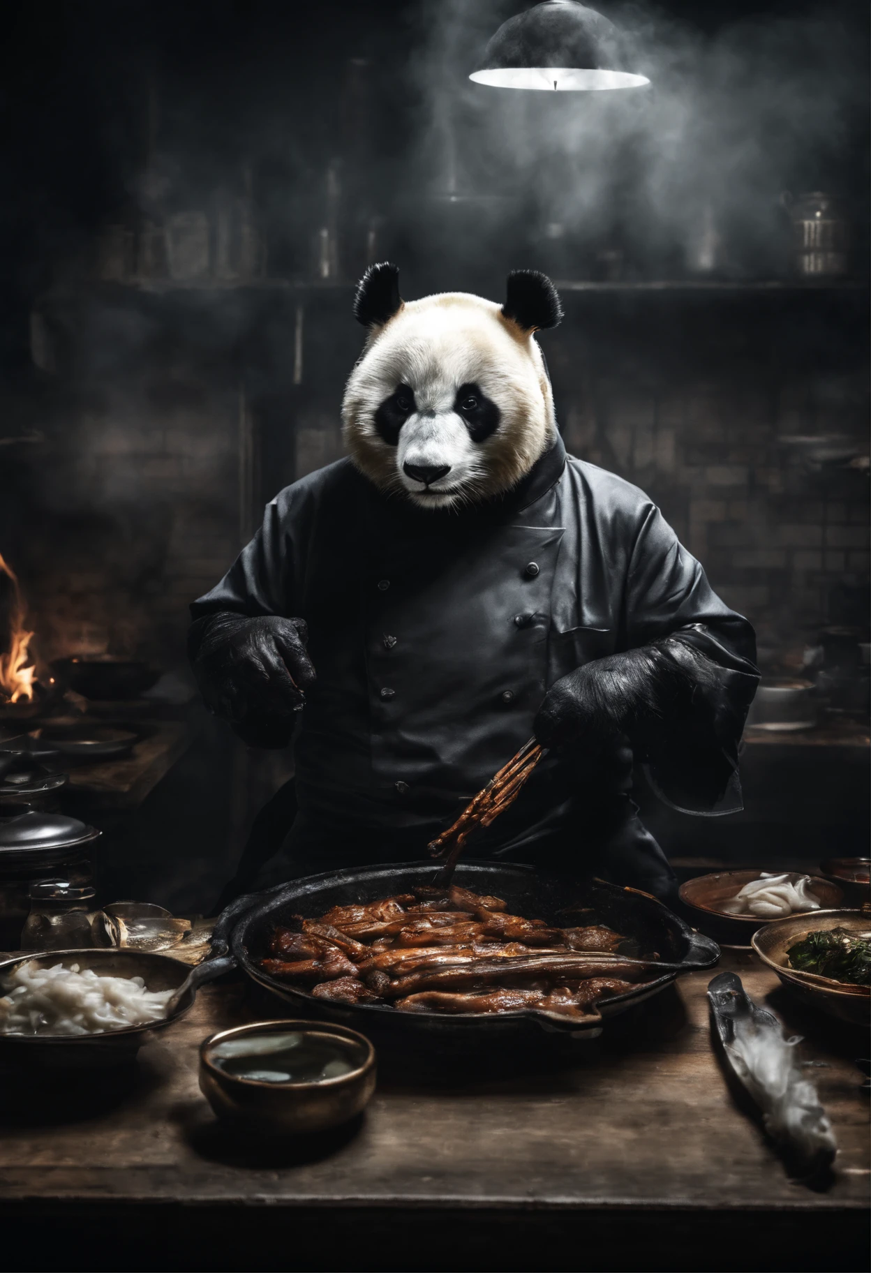 Capture a touching moment, When a giant fluffy panda in a chef's apron, with a Prvar cap on his head, Standing behind the stove in the restaurant., Crowded restaurant, Old Vintage BD Restaurant, People stare at him, Savoring a plate of nasi lemaka, Fried Chicken, and a glass of ice-cold cute. A panda's face should glow with pure happiness and wonder, With a mouthful of Naxi Lemak, It's like trying this favorite Malaysian dish for the first time, 4k, dramatic lighting, tension, Smoke effect, A lot of smoke, The kitchen is lit in the background,