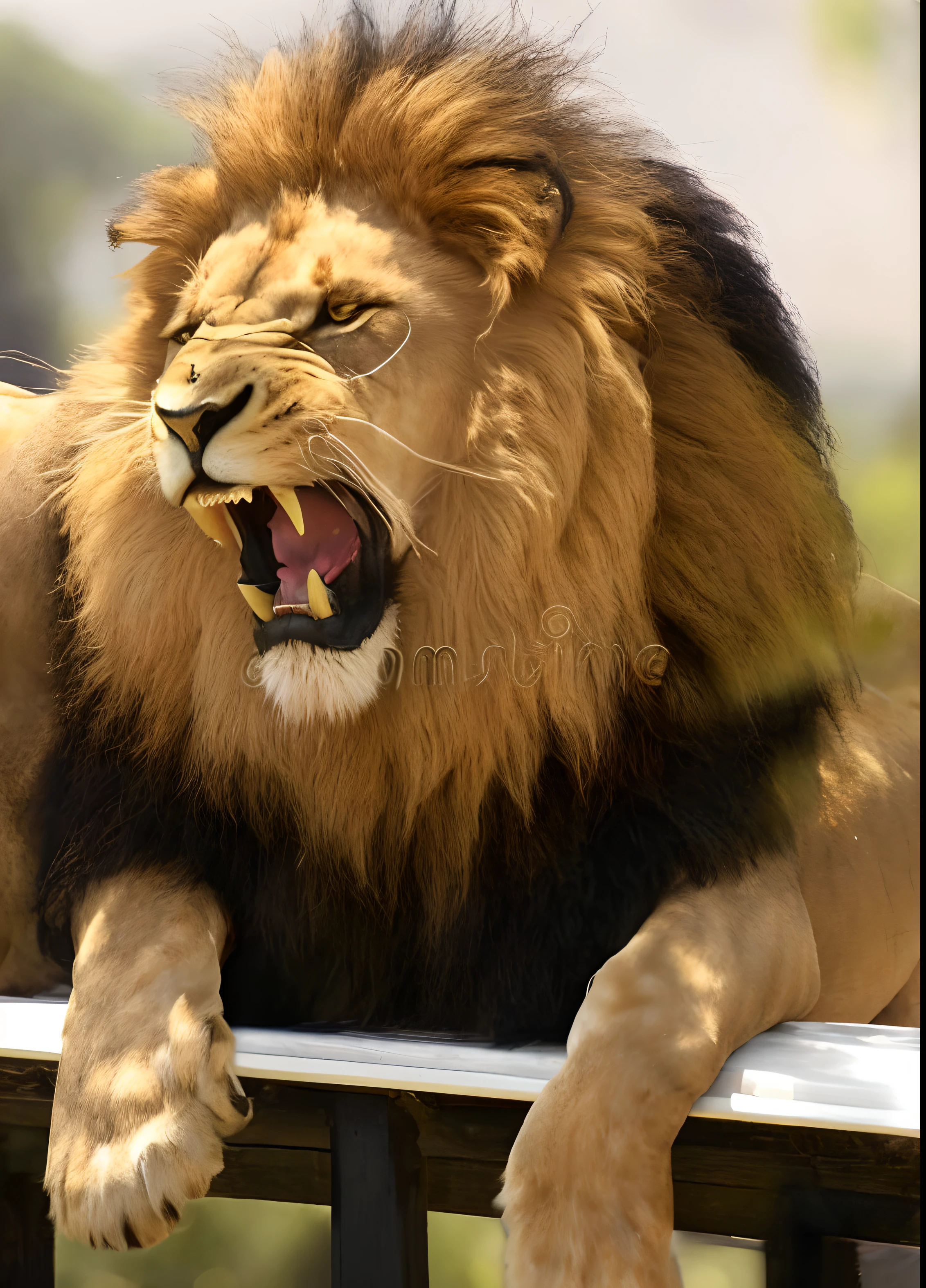A closeup of a yawning lion sitting on a railing, boca aberta em um rugido aterrorizante, Rei da selva, forte e feroz, with the mane of a lion, Aslan the Lion, the mane of a lion, lions, intimidating expression, fierce expression, majestoso!!! Beautiful!!!, he is angry, um zangado, lion mane, olhar irritado