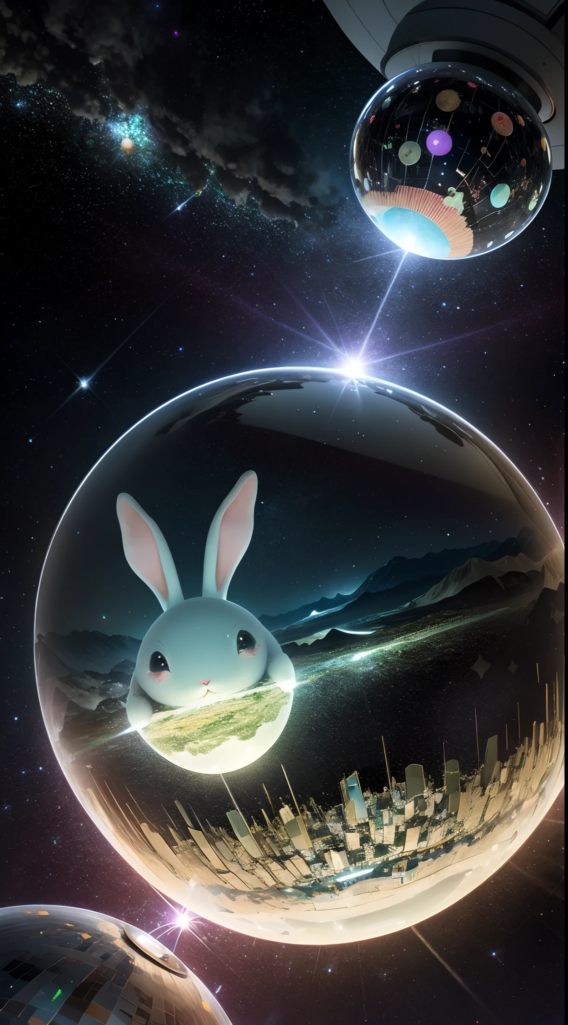 A giant mirror ball floats in space,flashing lights,The sad rabbit is lost(Heaven is like a green field,Surrounded by mountains and clouds:1.3),Particles in the air,God's light,stars in background,Intricate fractals,A detailed,(illustratio),tmasterpiece,A high resolution,best qualtiy。
