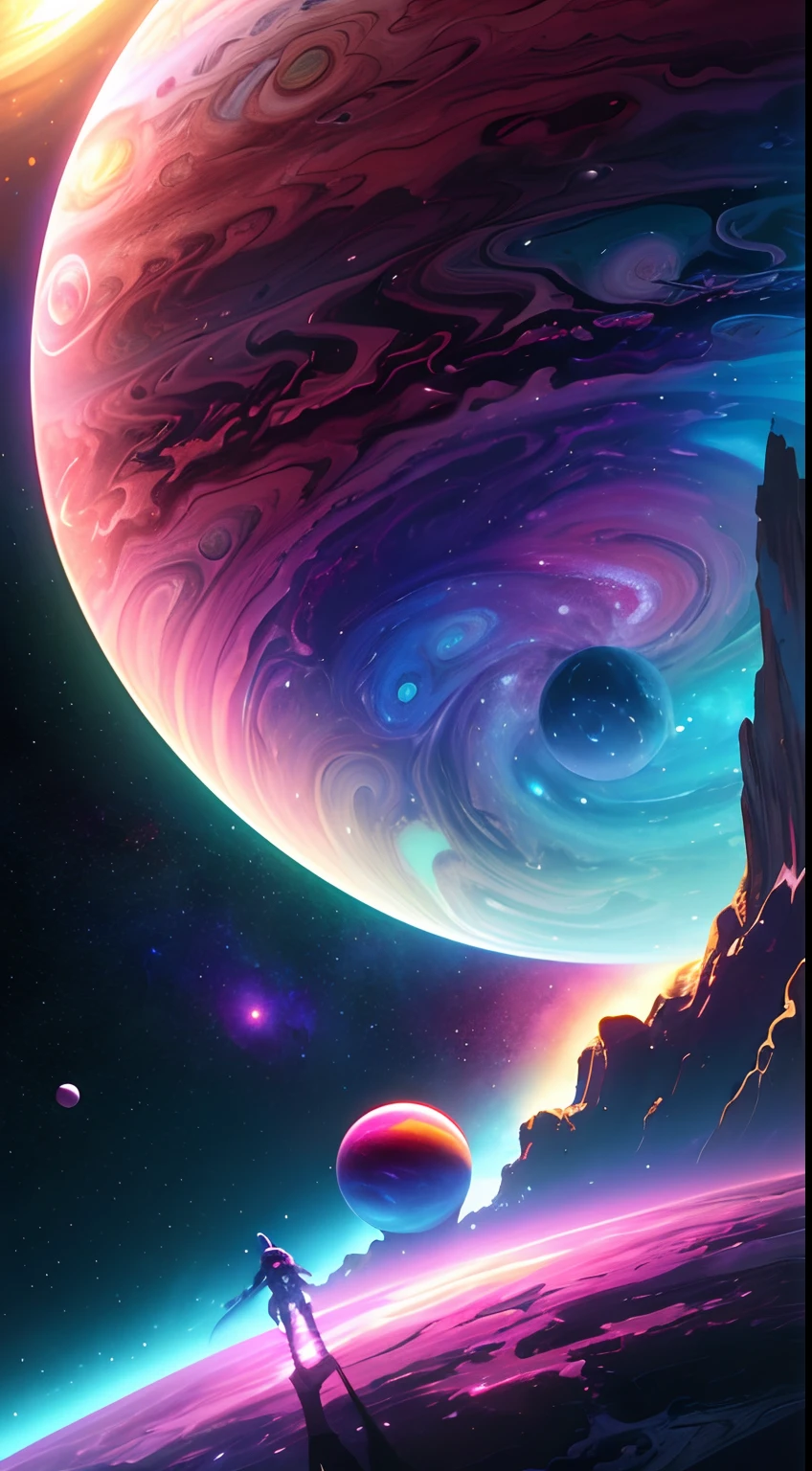 cosmic,  space, amazing, a alien planet,  breath taking, dream like, colorful,abstract, energetic, contrast, jupiter, mysterious,  colorful pllanet, cinematic,crazy, [:, sot,pink:8], deeep space, vibrat colors, epic, freedom