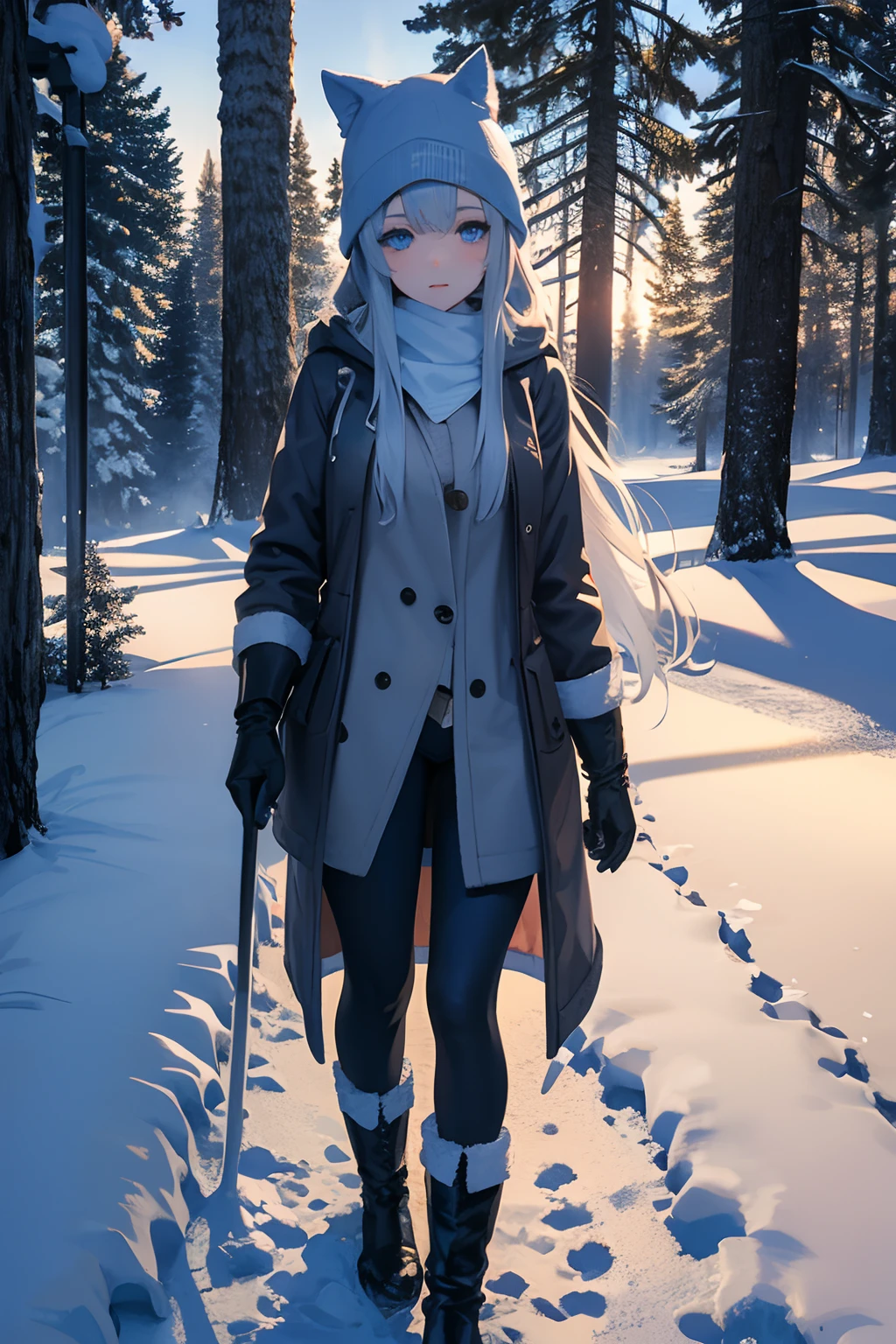 A beautiful young woman walking through the snow-covered countryside, wearing a long winter coat, winter boots, and gloves, no shirt, bra, pants, and panties, (nudist), in a high-definition, 4k masterpiece.
She has captivating blue eyes, rosy cheeks, and defined lips. Her long eyelashes flutter against her flushed face.
The winter coat is made of a luxurious wool material, with intricate stitching and a fur-trimmed hood. The snowflakes fall delicately on her coat, creating a picturesque scene.
As she walks, her footsteps leave imprints in the powdery snow, adding to the realism of the image.
The snow-covered countryside stretches into the distance, with rolling hills and tall evergreen trees. The landscape is tranquil and untouched, enhancing the serenity of the scene.
The color palette is dominated by cool tones, with shades of blue and white conveying the icy atmosphere. The sunlight peeks through the clouds, casting a soft glow on the scenery.
The lighting is natural and diffused, creating a gentle ambiance.
Overall, the image is a winter wonderland captured in vivid detail. The combination of the young woman's presence, the snowy landscape, and the high image quality makes this artwork a captivating masterpiece.