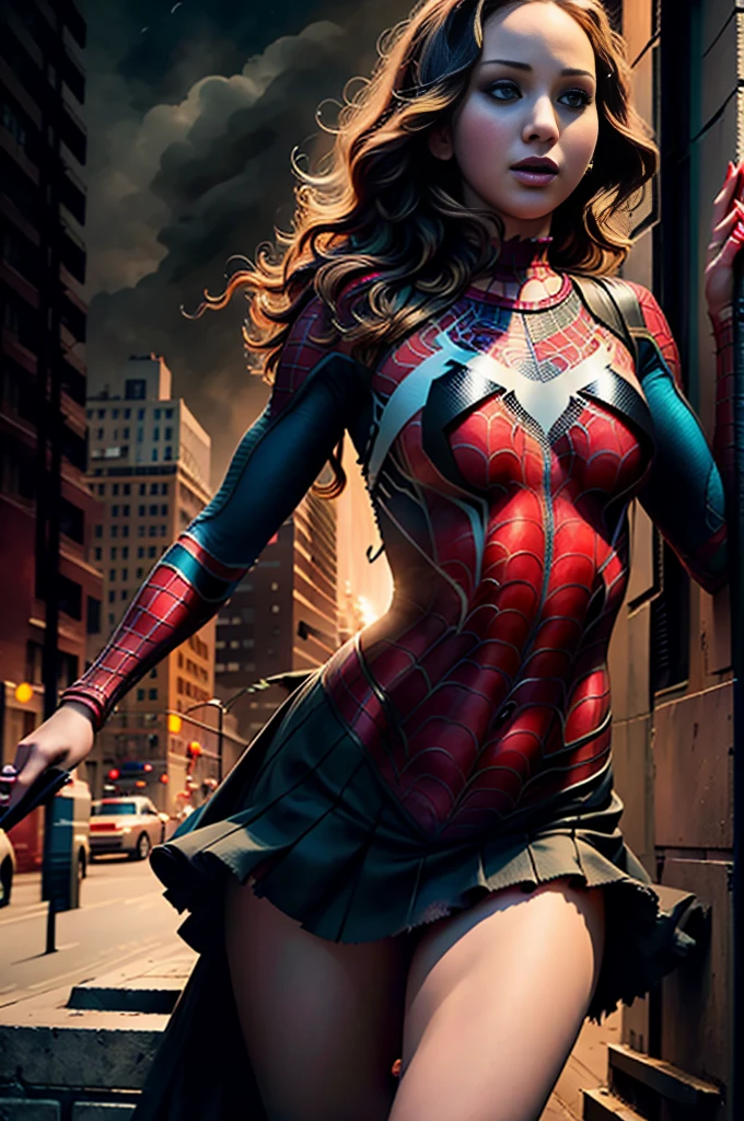 Jennifer Lawrence、Sticking out the navel、newyork、She wears a torn Spider-Man suit,wearing skirt、 Red and black color scheme,Dynamic、​masterpiece、top-quality、ultra-detailliert、ighly detailed、beautiful detailed brilliance、超A high resolution