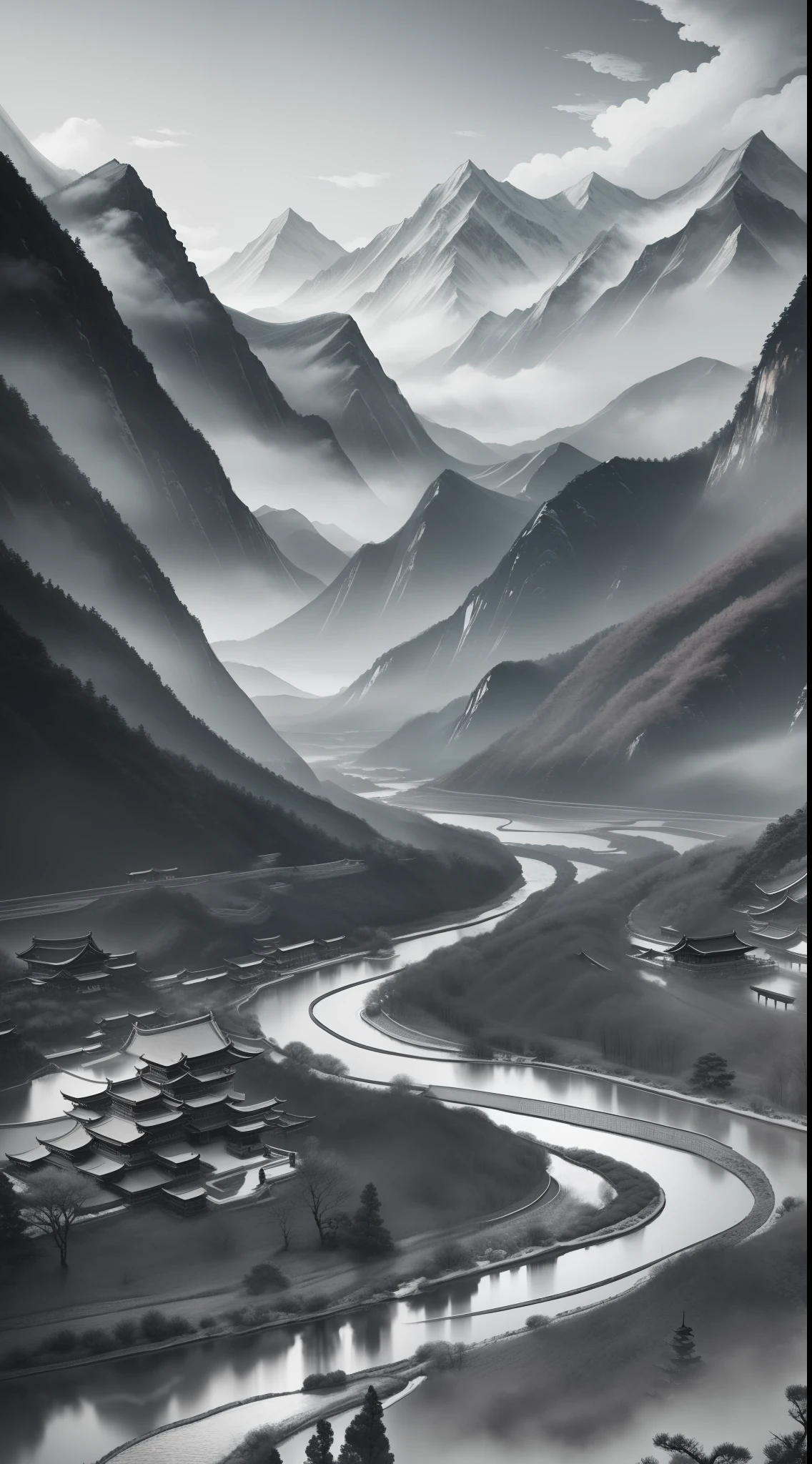 A serene Chinese landscape painting of majestic mountains and meandering rivers, capturing the harmonious beauty of nature. Created in the style of delicate ink wash painting, with intricate brushstrokes and a monochromatic palette. The artwork evokes the tranquil essence of ancient towns, inspired by the masterpieces of Wang Hui and Xu Yang. Classical Chinese art at its finest.