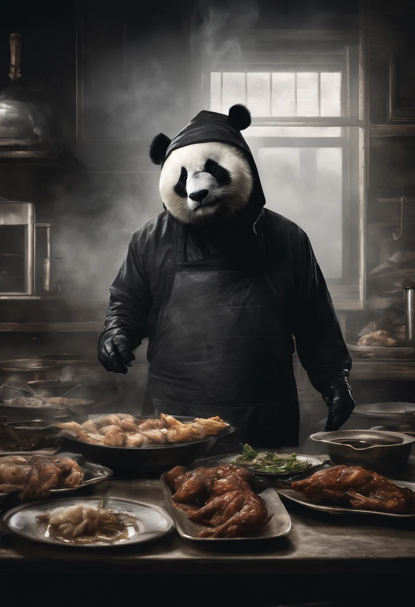 Capture a touching moment, When a giant fluffy panda in a chef's apron, with a Prvara cap on his head, Standing behind the stove in a restaurant., Crowded restaurant, Old Vintage BD Restaurant, People look at him, Savoring a plate of nasi lemaka, Fried Chicken, and a glass of icy cute. A panda's face should glow with pure happiness and wonder, With a smile on his face, It doesn't matter, What to try for the first time is your favorite chicken wings , 4k, Good lighting from large windows, 真实感, Smoke effect, A lot of smoke, The kitchen is lit in the background,