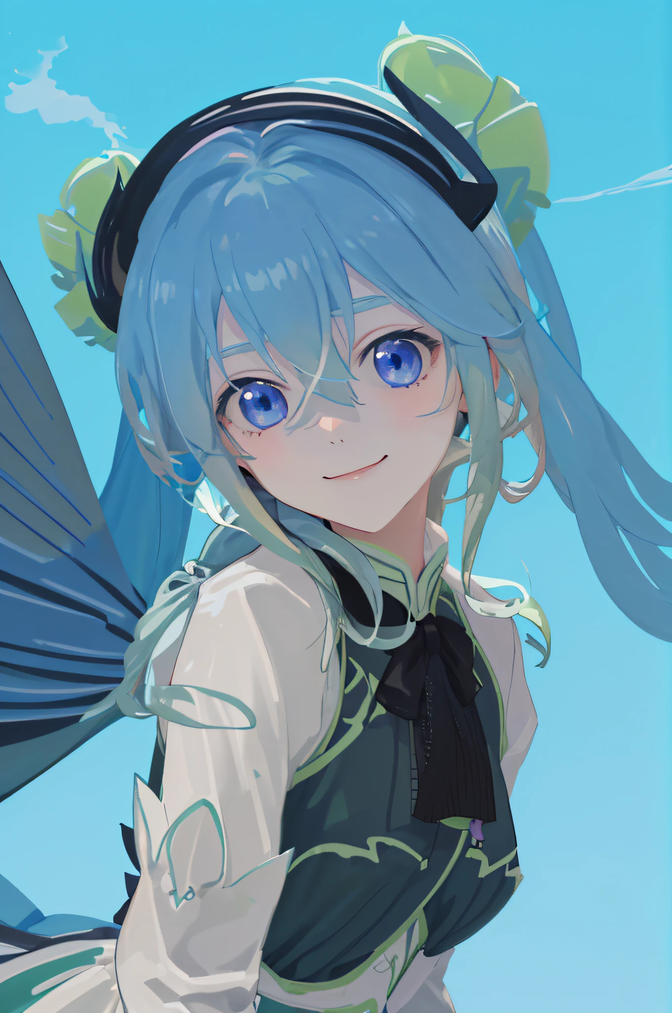 Pastel green hair、Formal Dresses、Light blue eyes、swordsmen、Straight Long Hairstyles、ssmile