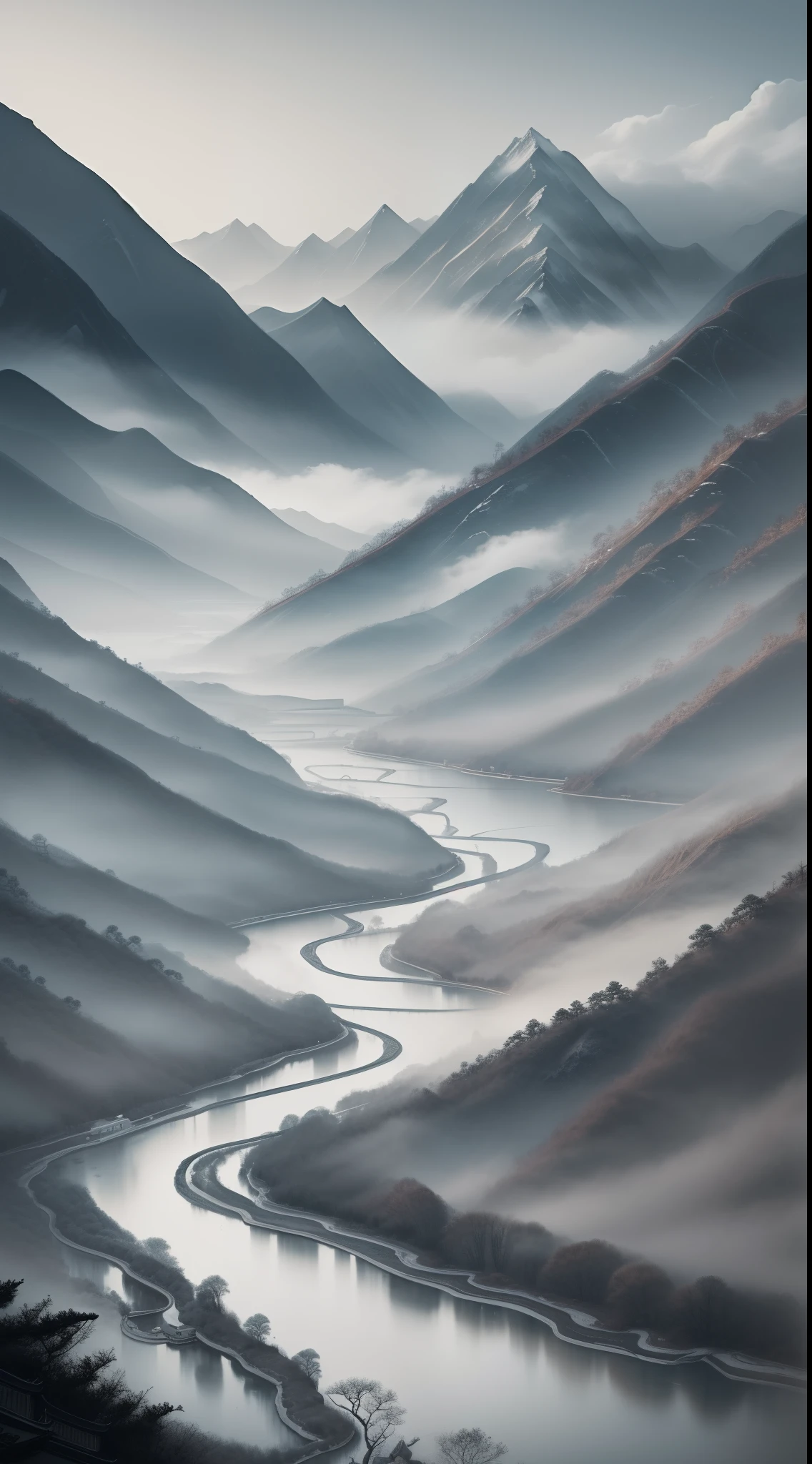 A serene Chinese landscape painting of majestic mountains and meandering rivers, capturing the harmonious beauty of nature. Created in the style of delicate ink wash painting, with intricate brushstrokes and a monochromatic palette. The artwork evokes the tranquil essence of ancient towns, inspired by the masterpieces of Wang Hui and Xu Yang. Classical Chinese art at its finest.