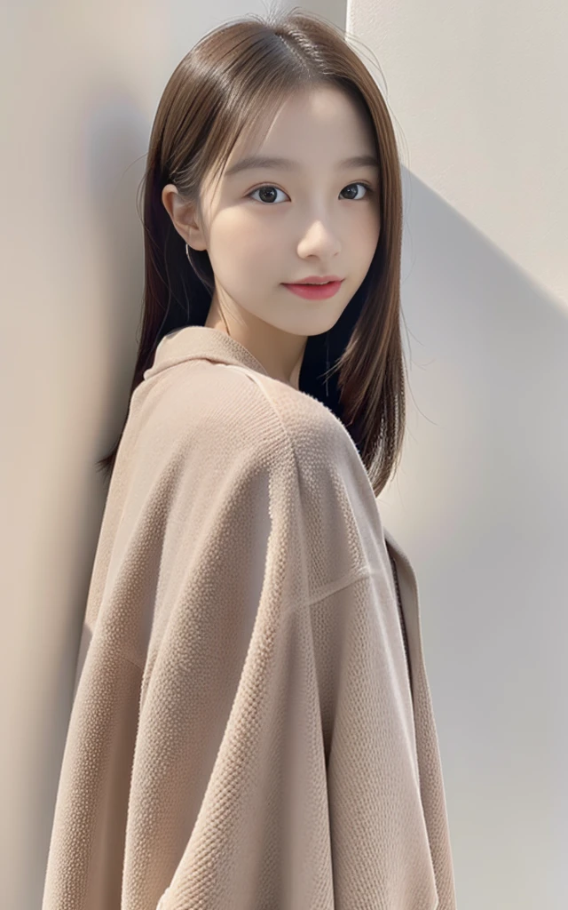 13-year-old female, (Realistic), (Hyper-Realism), (Photorealistic), depth of fields, The whole body is reflected,(Narrow waist:0.7), Looking at the viewer, Naked with an overjacket,In front of a white wall,Light shines in,Standing pose with legs crossed、facing front、(Smooth lighting:1.05)、(Improved cinematic lighting quality:0.9)、32K、、Realistic lighting、back lighting、Facial Lights、raytrace、(Whitening light:1.2)、(Image quality improvement:1.4)、(Best image quality real skin:1.4)、slim、(Increased mood of the body line:1.1)、(Increased beauty of skin texture:1.1)、no-makeup、