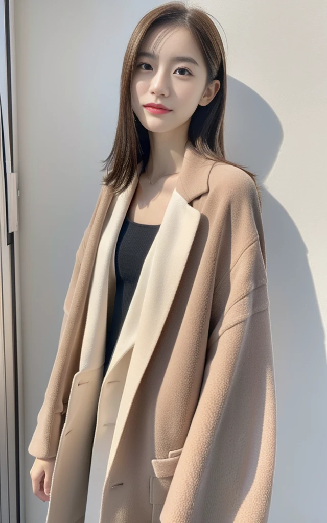 13-year-old female, (Realistic), (Hyper-Realism), (Photorealistic), depth of fields, The whole body is reflected,(Narrow waist:0.7), Looking at the viewer, Naked with an overjacket,In front of a white wall,Light shines in,Standing pose with legs crossed、facing front、(Smooth lighting:1.05)、(Improved cinematic lighting quality:0.9)、32K、、Realistic lighting、back lighting、Facial Lights、raytrace、(Whitening light:1.2)、(Image quality improvement:1.4)、(Best image quality real skin:1.4)、slim、(Increased mood of the body line:1.1)、(Increased beauty of skin texture:1.1)、no-makeup、