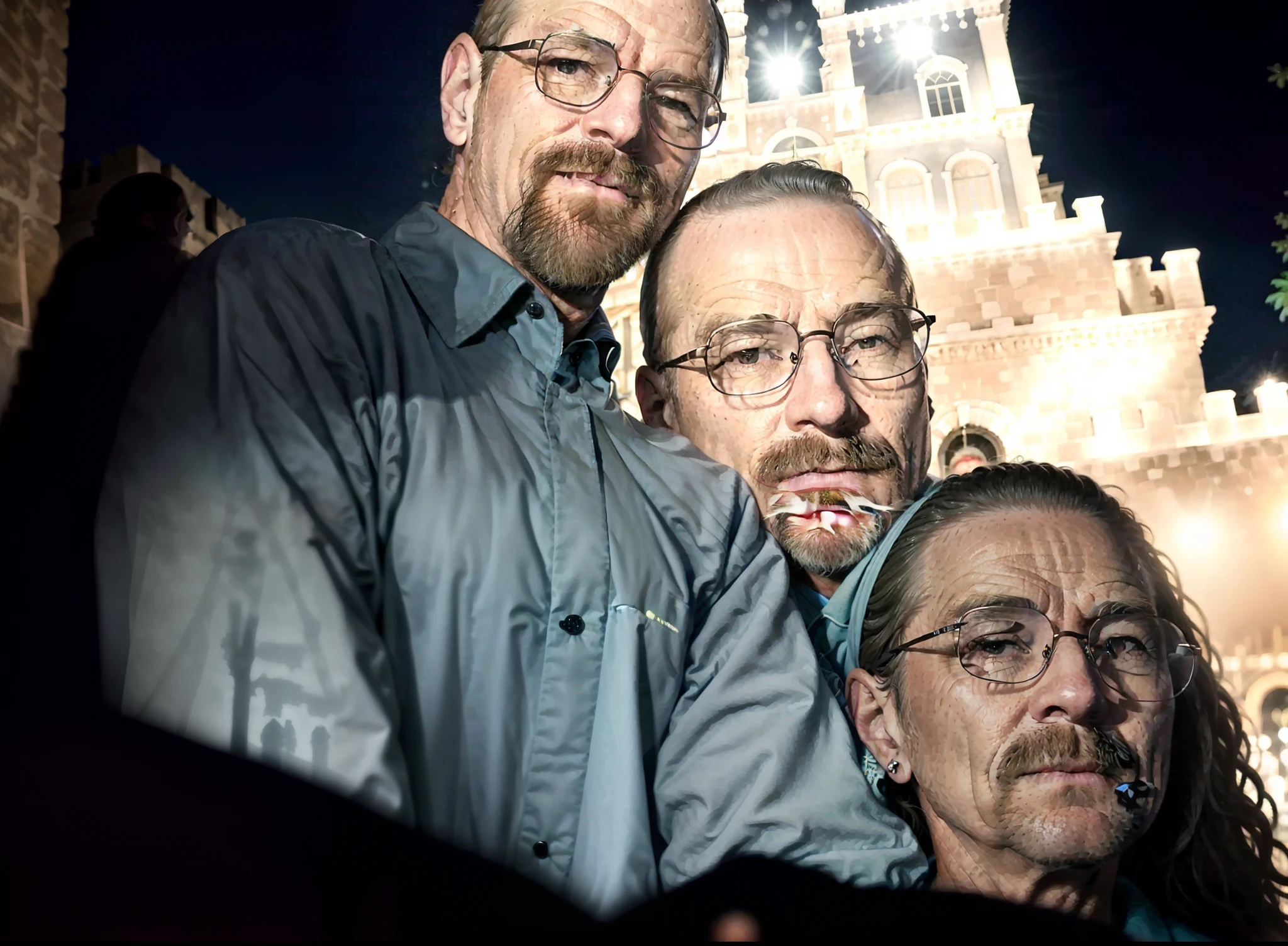 There are two people standing together in front of a building, No desfile da Macys, com um castelo ao fundo, divertindo-se, non blurry, Family photo, imagem de perfil, photo taken at night, Happy family, vacation photo, noite!, Castelo no fundo, disney 8 k foto, Terra da Disney, foto da noite, ( Castelo no fundo )