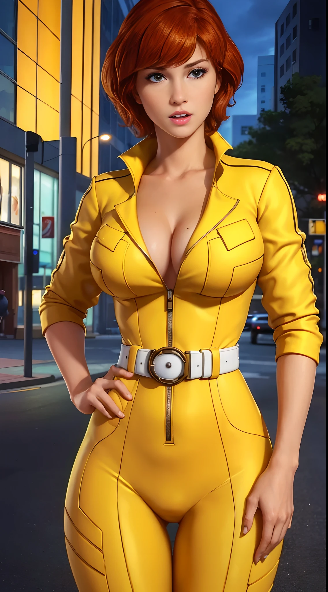 Unreal engine: 1.4, UHD, Best quality: 1.4, photorealistic: 1.4, skin texture: 1.4, masterpiece: 1.8, Cowboy shot, April O'Neil waifu, 1980s (style), 1 woman, Short ((crimson)) hair, Serious expression, Worried expression, Retro art style, Short hair, Female TV reporter, Speaking into the microphone, Yellow jersey suit, White belt, Yellow jersey suit at the hips, Half breasts, neckline, hyper-realistic eyes, Beautiful eyes, detailed eyes, realistic face, beautiful woman, realistic background, Urban street, Street lights at night, Amazing lights, amazing background, microphone, TV reporter, cameltoe