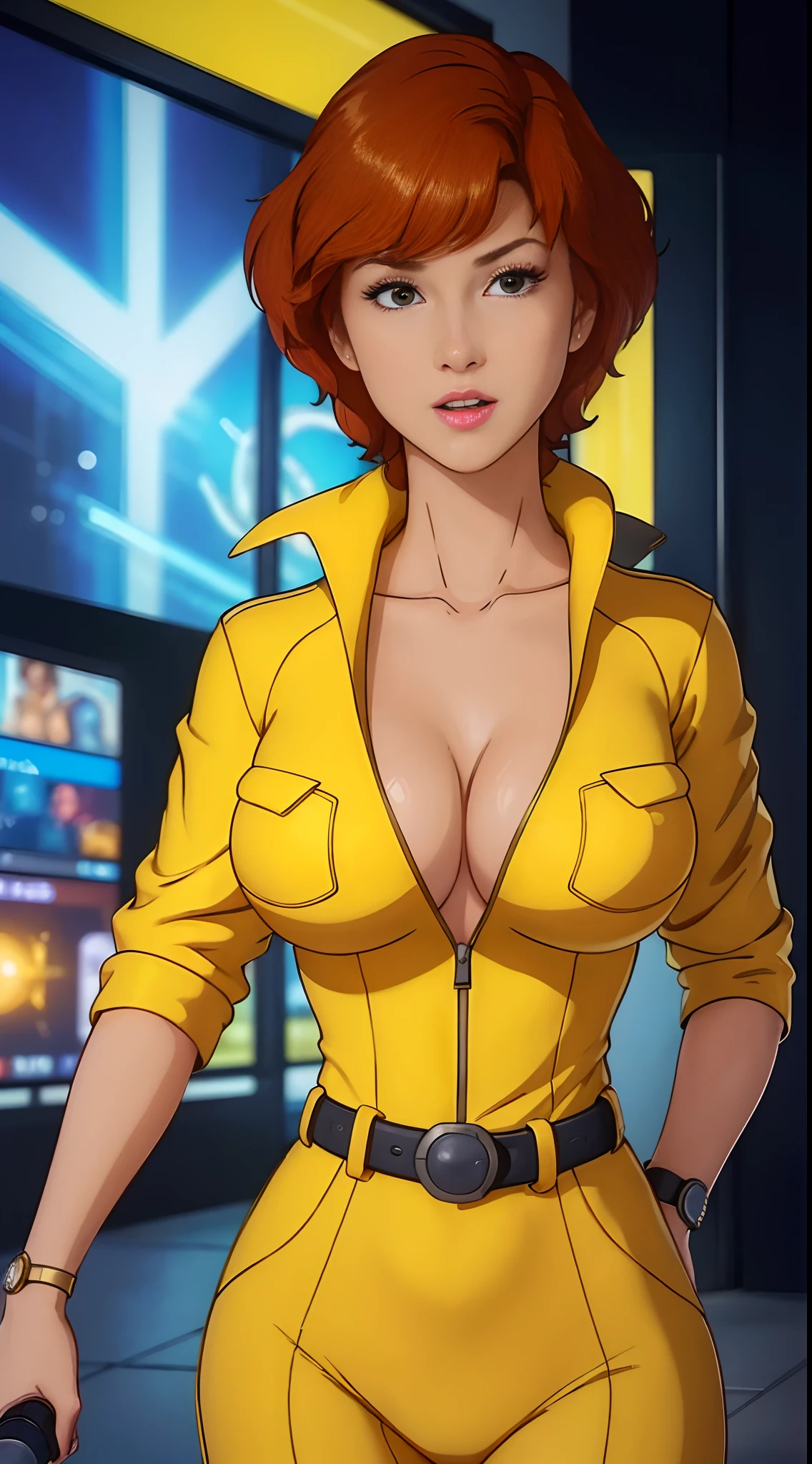 Unreal engine: 1.4, UHD, Best quality: 1.4, photorealistic: 1.4, skin texture: 1.4, masterpiece: 1.8, Cowboy shot, April O'Neil waifu, 1980s (style), 1 woman, Short ((crimson)) hair, Serious expression, Worried expression, Retro art style, Short hair, Female TV reporter, Speaking into the microphone, Yellow jersey suit, White belt, Yellow jersey suit at the hips, Half breasts, neckline, hyper-realistic eyes, Beautiful eyes, detailed eyes, realistic face, beautiful woman, realistic background, Urban street, Street lights at night, Amazing lights, amazing background, microphone, TV reporter, cameltoe