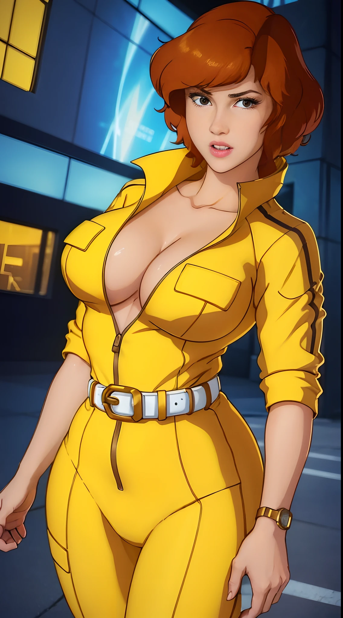 Unreal engine: 1.4, UHD, Best quality: 1.4, photorealistic: 1.4, skin texture: 1.4, masterpiece: 1.8, Cowboy shot, April O'Neil waifu, 1980s (style), 1 woman, Short ((crimson)) hair, Serious expression, Worried expression, Retro art style, Short hair, Female TV reporter, Speaking into the microphone, Yellow jersey suit, White belt, Yellow jersey suit at the hips, Half breasts, neckline, hyper-realistic eyes, Beautiful eyes, detailed eyes, realistic face, beautiful woman, realistic background, Urban street, Street lights at night, Amazing lights, amazing background, microphone, TV reporter, cameltoe