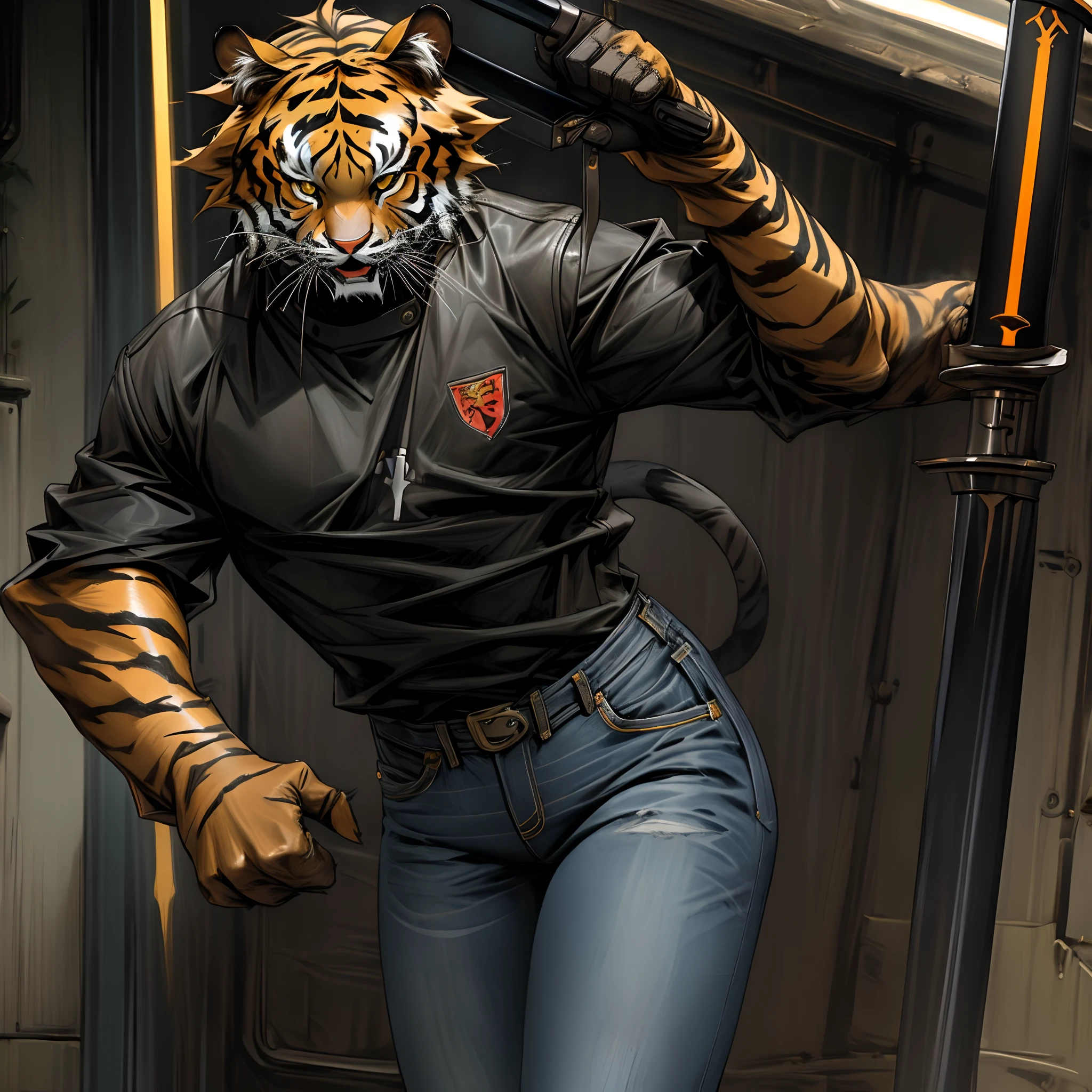 Black fured saber tiger weating dark leather jacked and jeans