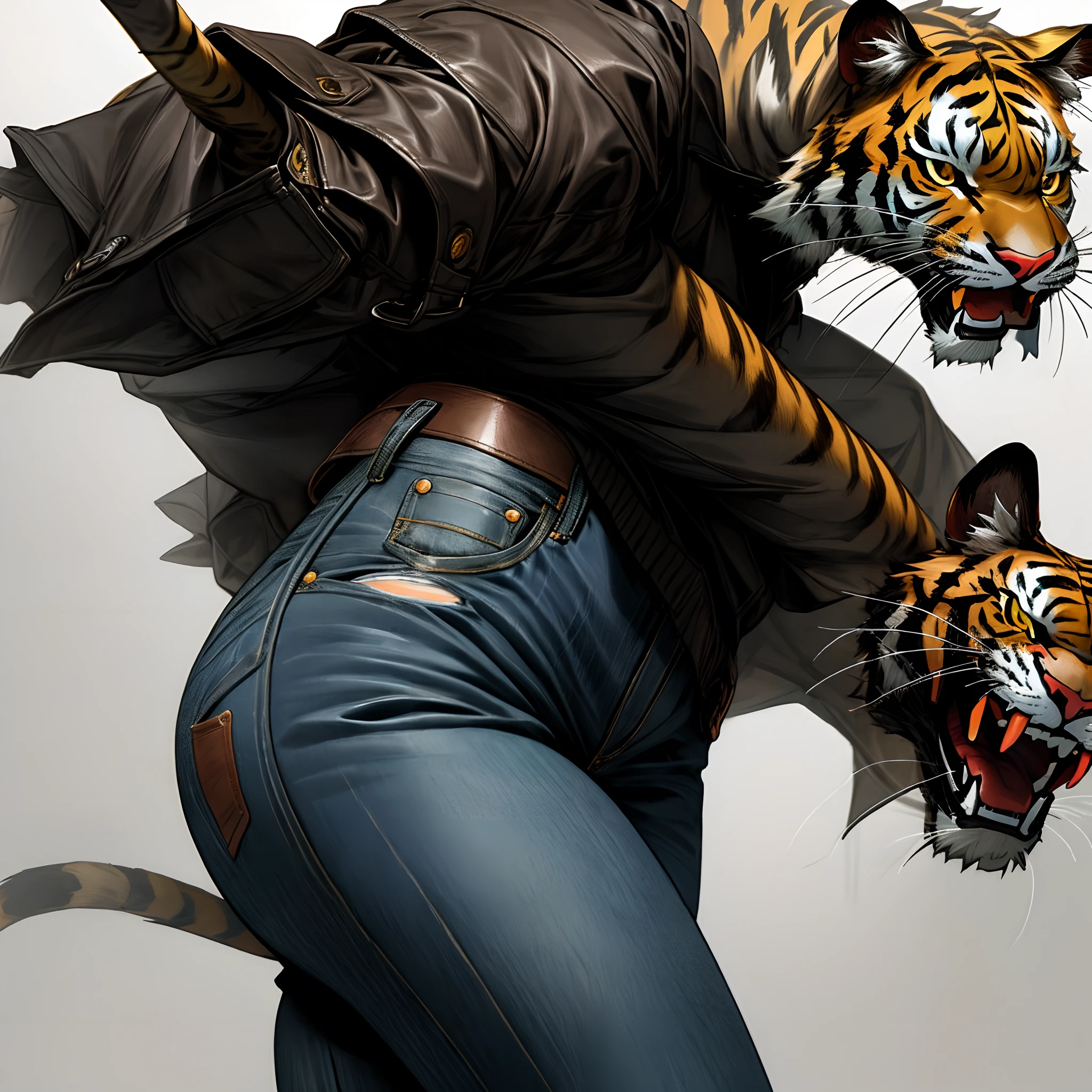 Black fured saber tiger weating dark leather jacked and jeans