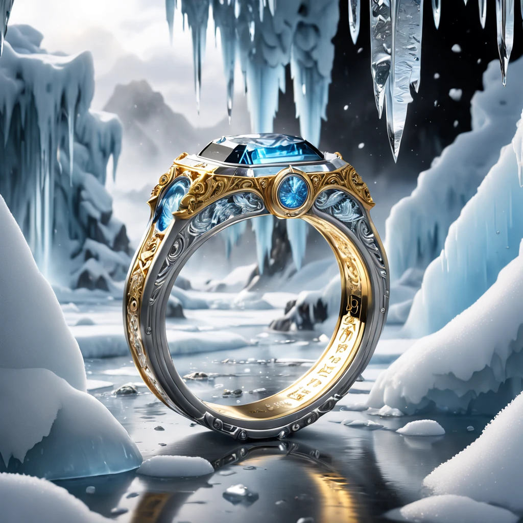 (8K, 16k, Award-winning, Highest quality, Highest resolution, Super detail, High detail, Anatomically correct, Masterpiece, Stunning beauty), (metal ring: 1.3), Smartphones inside icicles , smartphone, delicate craftsmanship , Legendary smartphones, Rare and precious, Intricate details, Smartphones are made of a metal called orichalcum, There are no gemstones, (Ancient characters are engraved on the inside of the smartphone: 1.2), Impeccable, Platinum, White, Gold and silver, Trapped in a world of ice and snow.