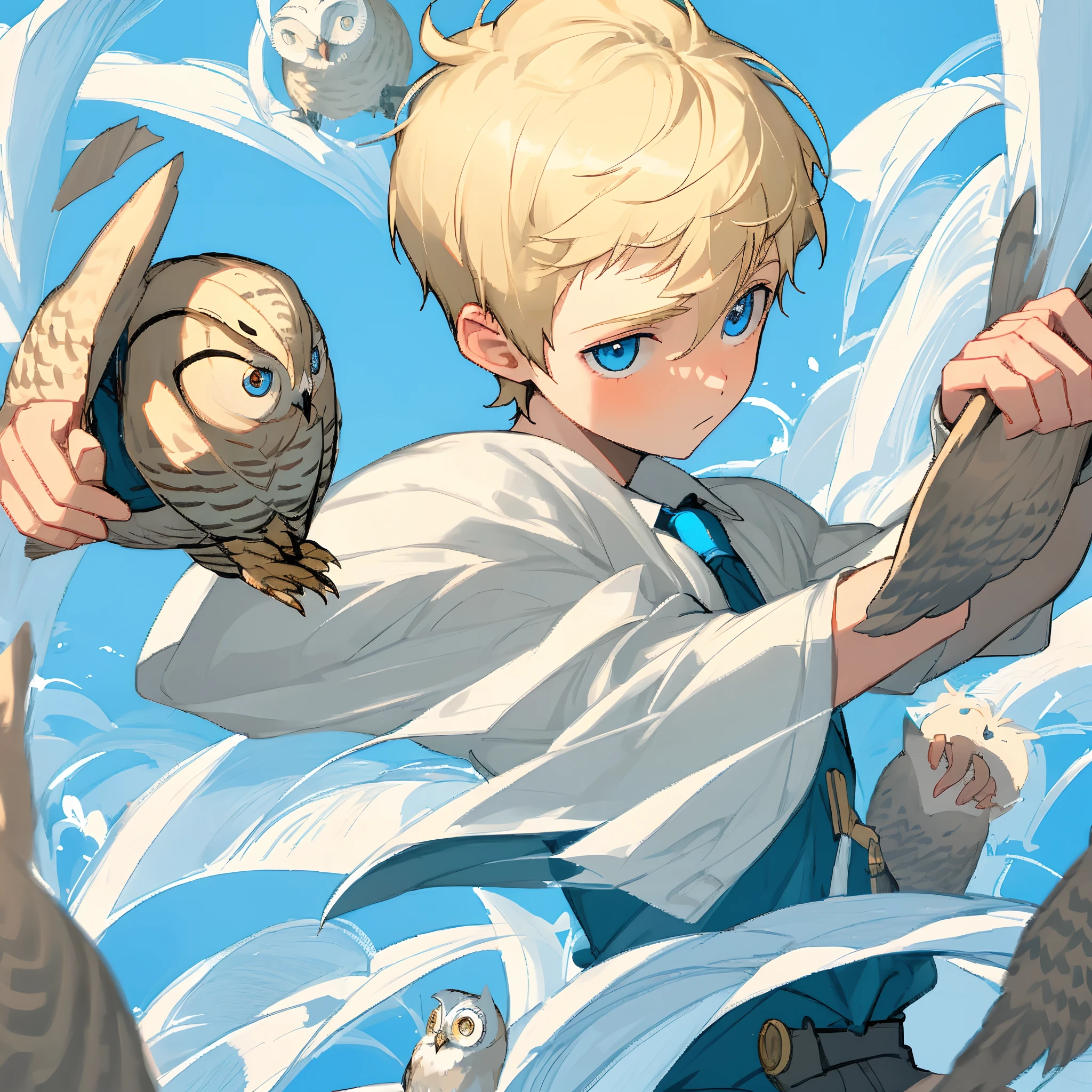 Blonde short hair boy with blue eyes training his owl
