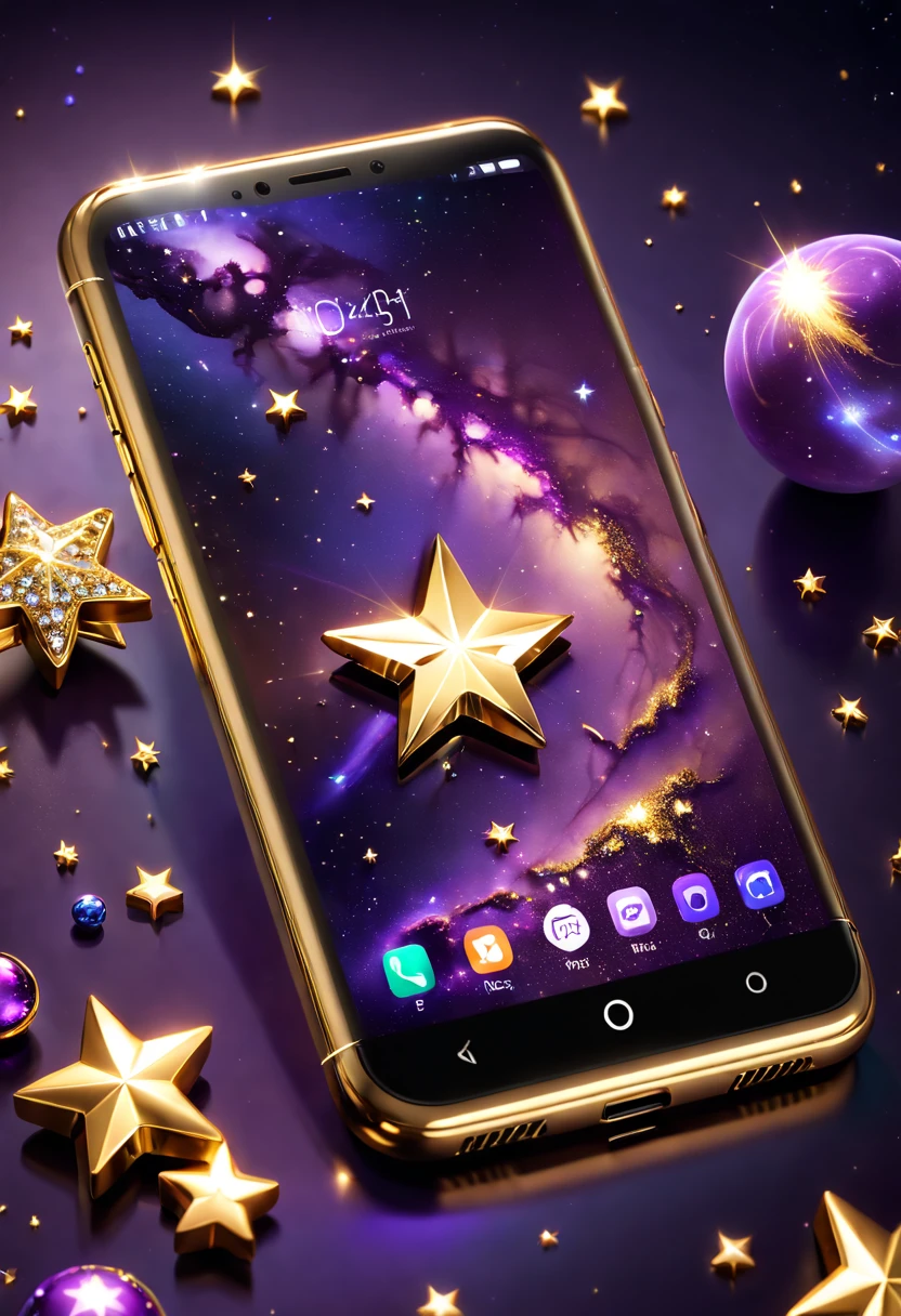 hyper HD, Super detail, Best quality, High details, 1080p, 16k, A high resolution,Phone close-up,A smartphone with a sparkling surface, Amazing smartphones, smartphone,Star-studded smartphones, purple sparkles, gold and purple, A gleaming gold smartphone, glowing purple, The background is the mysterious cosmic starry sky,smartphone photography, Jewelry and gold smartphones,(The best illustrations),(The best shadow),Isometric 3D.Octane rendering,Hyperrealistic