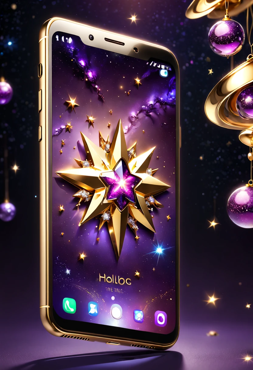 hyper HD, Super detail, Best quality, High details, 1080p, 16k, A high resolution，Phone close-up，A smartphone with a sparkling surface, Amazing smartphones, smartphone,Star-studded smartphones, purple sparkles, gold and purple, A gleaming gold smartphone, glowing purple, The background is the mysterious cosmic starry sky,smartphone photography, Jewelry and gold smartphones，(The best illustrations)，(The best shadow)，Isometric 3D.Octane rendering，Hyperrealistic