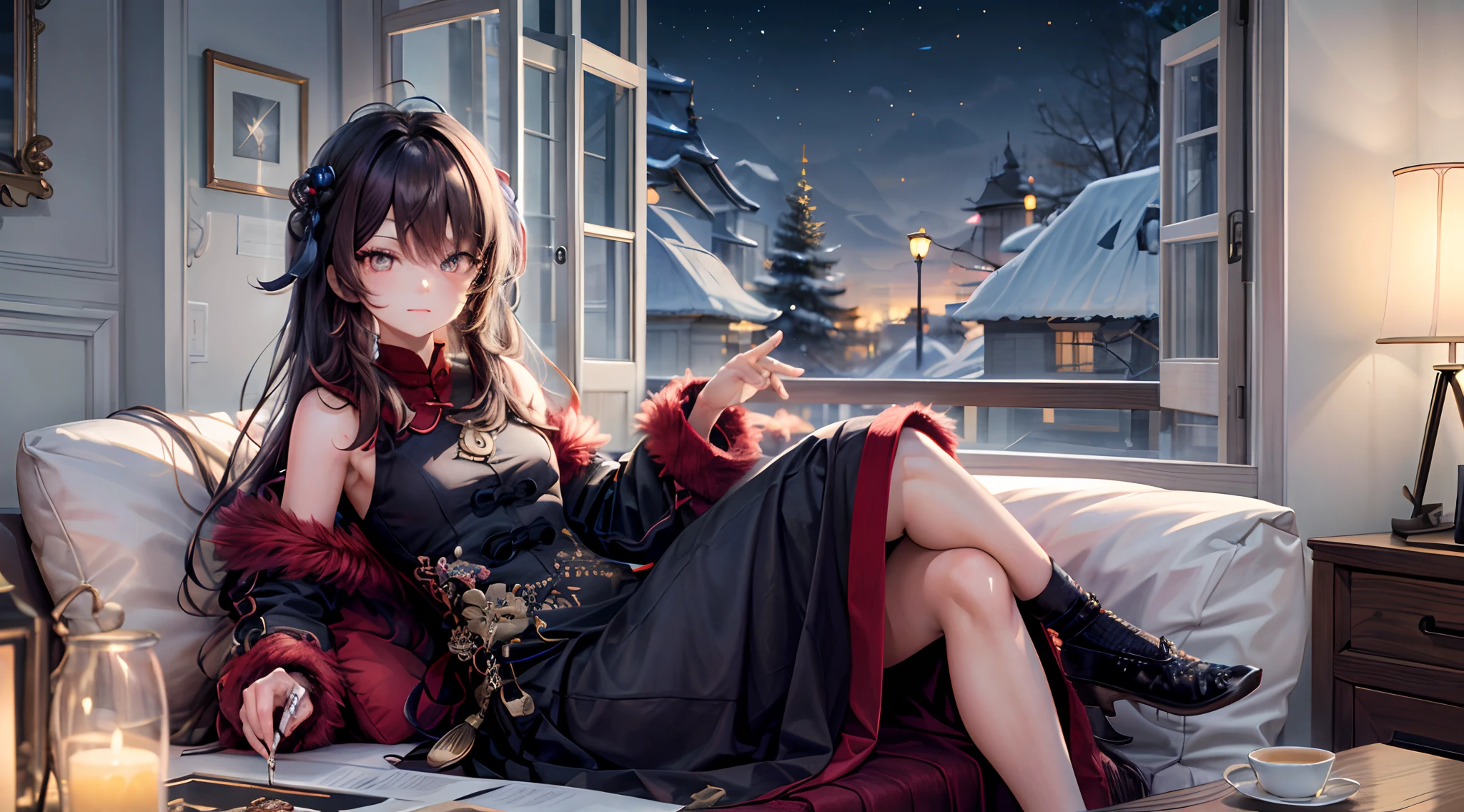 (incredibly_absurdres:1.3),(masterpiece,best quality,ultra-detailed:1.6),illustration,colorful,1girl,solo,hu tao(genshin impact),beautiful detailed eyes,cute face,beautiful girl,lovely,long hair,red eyes,brown hair,bangs,twintails,solo,(wide shot),(fur-trimmed dress:1.2),(winter:1.2),snow,living room,sofa,on sofa, window,(night:1),start,looking at viewer, crossed legs,