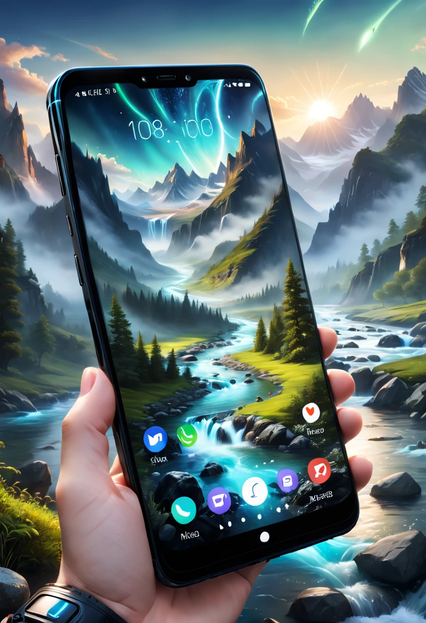 tmasterpiece,Best quality at best,high high quality,extremely detaile,8K,Futuristic ethereal close-up of a mobile phone, smartphone, Beautiful outdoor setting, Mountains and rivers meet fantasy, Futuristic phone, smartphone, Take a picture with your phone, Otherworldly technology, High-tech mobile phone,This image shows a black phone,The brand of the phone is Nokia,Mobile phone real shot,The background of the mobile phone screen is landscape, Scenery meets fantasy, phone photo, cell phone, cellular phone, Handheld, Hyper-realistic,shutter inventory