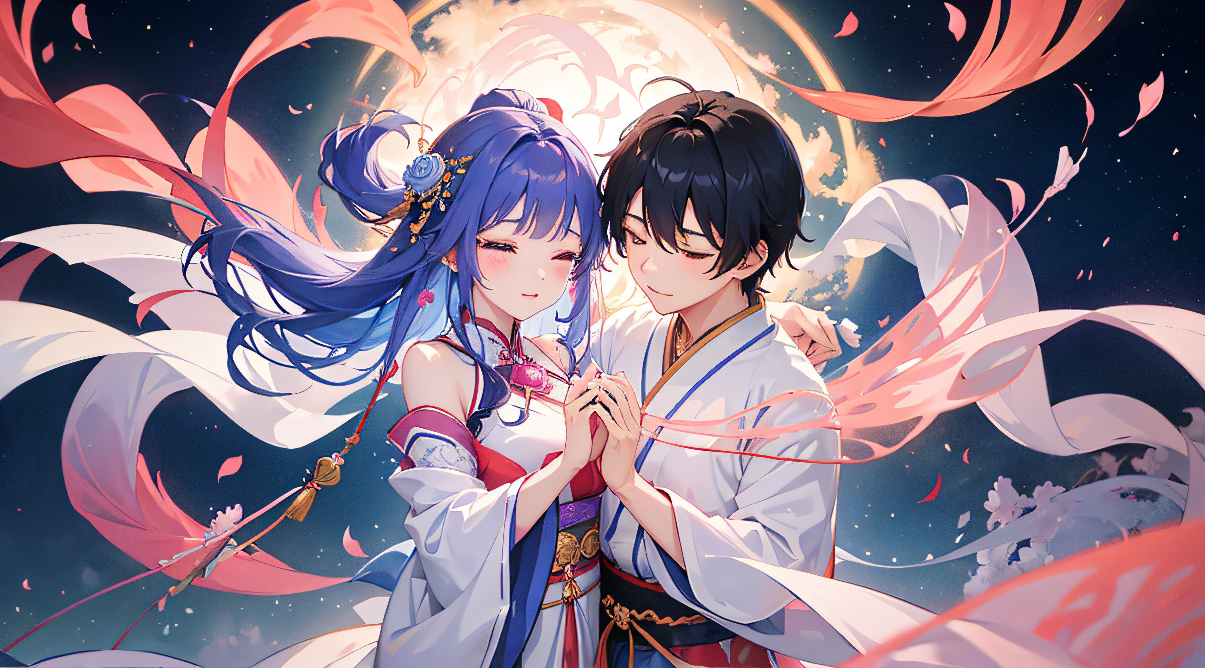 the ethereal world of Korean anime, a couple dances under a sky ablaze with hues of indigo and rose, their animated expressions mirroring the depth of their connection, traditional clothing adorned with magical symbols, surrounded by floating petals that follow the cadence of their enchanted dance, Animation, hand-drawn with meticulous attention to fluid motion,