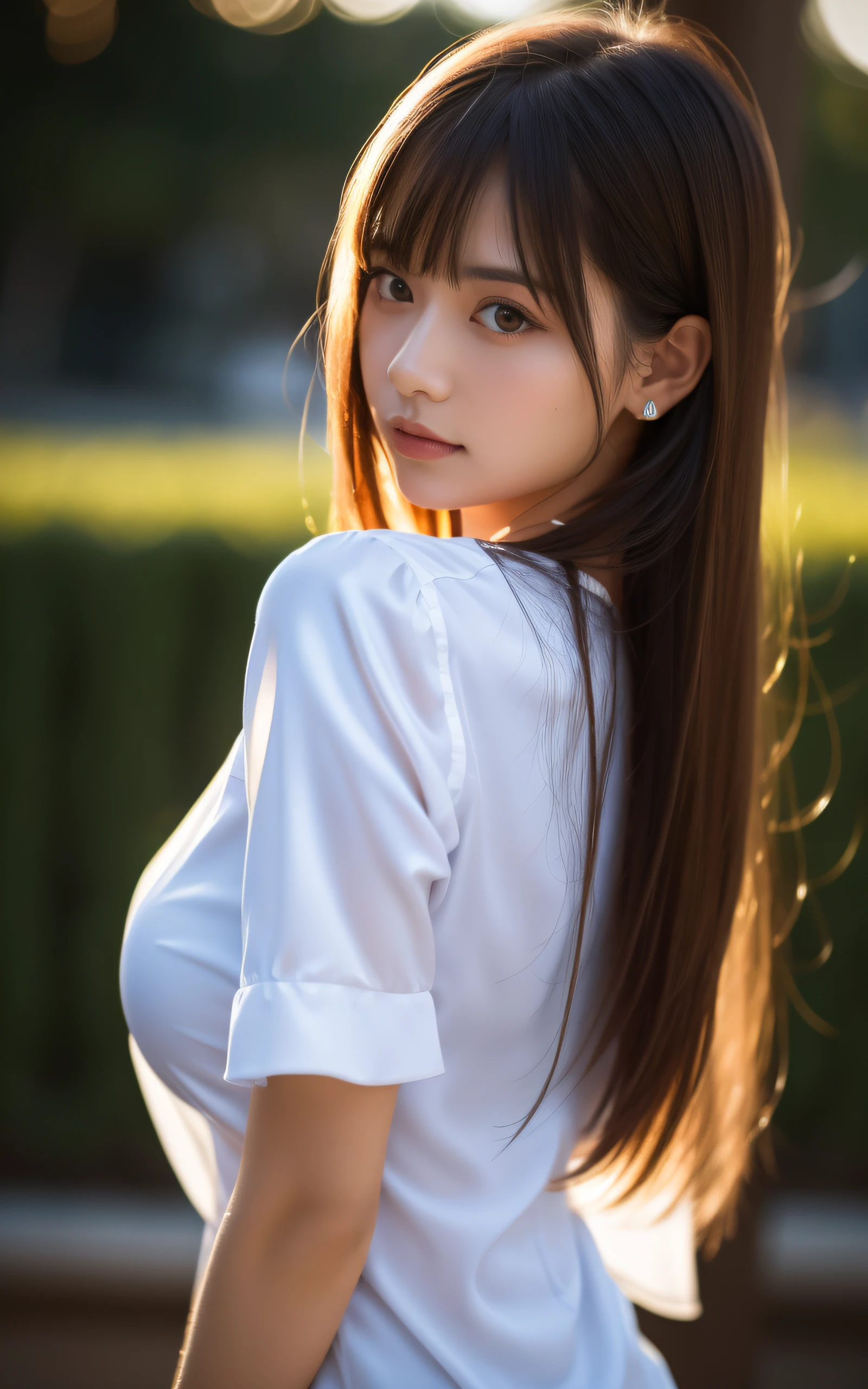 masterpiece, Best Quality, 8K, 20 yo, (Large breast:1.2), cuddly, Solo, sad, close up, Cute, Girly, Delicate girl, Neat and clean beauty, Raw photo, Professional Photography, Portrait, Soft light, Professional Lighting, Back lighting, Upper body, Looking away, Sophisticated, Film grain, (Eyes and faces with detailed:1.0), short length floating hair , beautiful flowing hair, bangs, silk blouse,