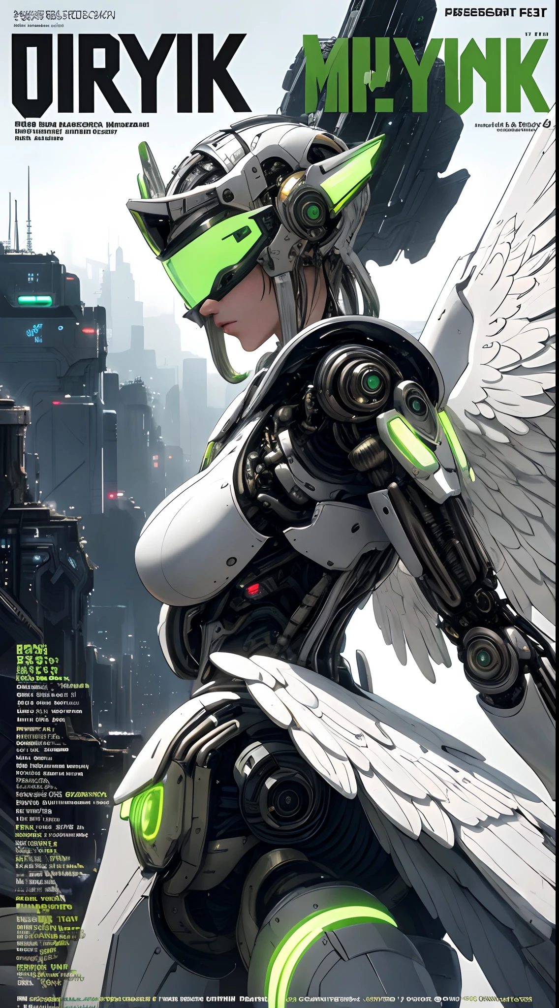 masterpiece,  (best quality), (ultra-detailed), (ultra-realistic:1.2), landscape,  sci-fi, transistorpunk,  cyberpunk, biopunk, (magazine cover:1.4), (gray, white), female huge robot, visor, earring, mechanical angel wings on the back, angel wings,  future town, dynamic pose, dynamic angle, small breasts, luxury, (gold, silver, green), neon