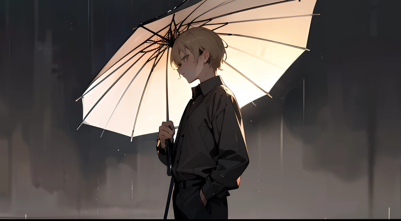 Young man standing in the rain, dark grey button up shirt, black pants, short wet messy blonde hair, brown eyes, looking down, sad, wet, raining, dark, grey dark sad background, side view, close up, no umbrella, hands by his sides