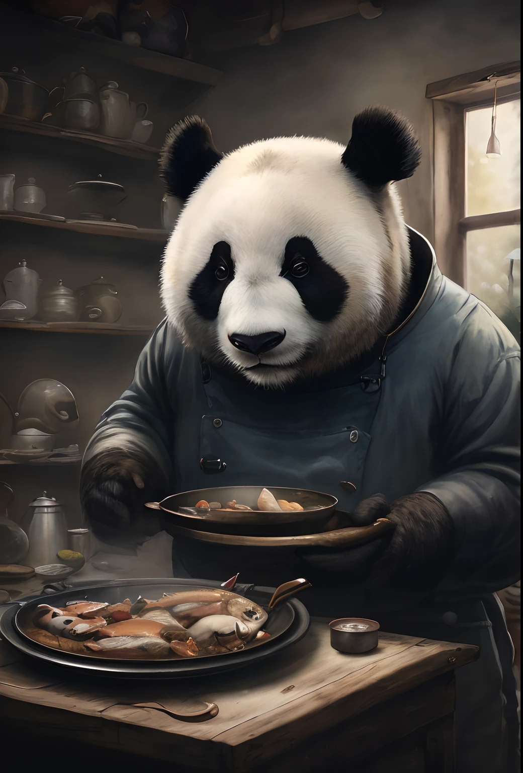 Jean-Baptiste Monge's painting of a large panda, Dressed in fishing boots with fishing tackle, On a summer day in a meadow a bucket of fish, , jean - baptiste monge, anthropomorphic --ar 2:3 --testp -optimistic;