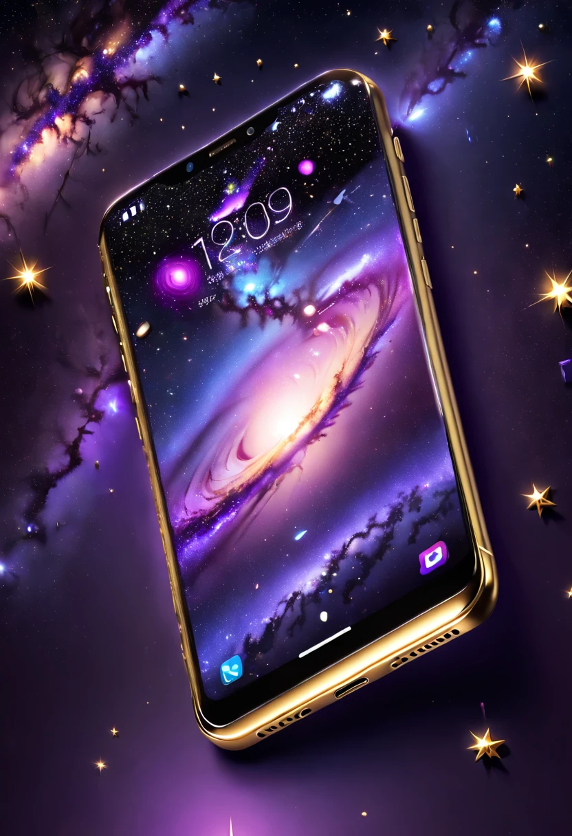 hyper HD, Super detail, Best quality, High details, 1080p, 16k, A high resolution，Phone close-up，A smartphone with a sparkling surface, Amazing smartphones, smartphone,Star-studded smartphones, purple sparkles, gold and purple, Glittering smartphones, glowing purple, The background is the mysterious cosmic starry sky,smartphone photography, smartphone，(The best illustrations)，(The best shadow)，Isometric 3D.Octane rendering，Hyperrealistic