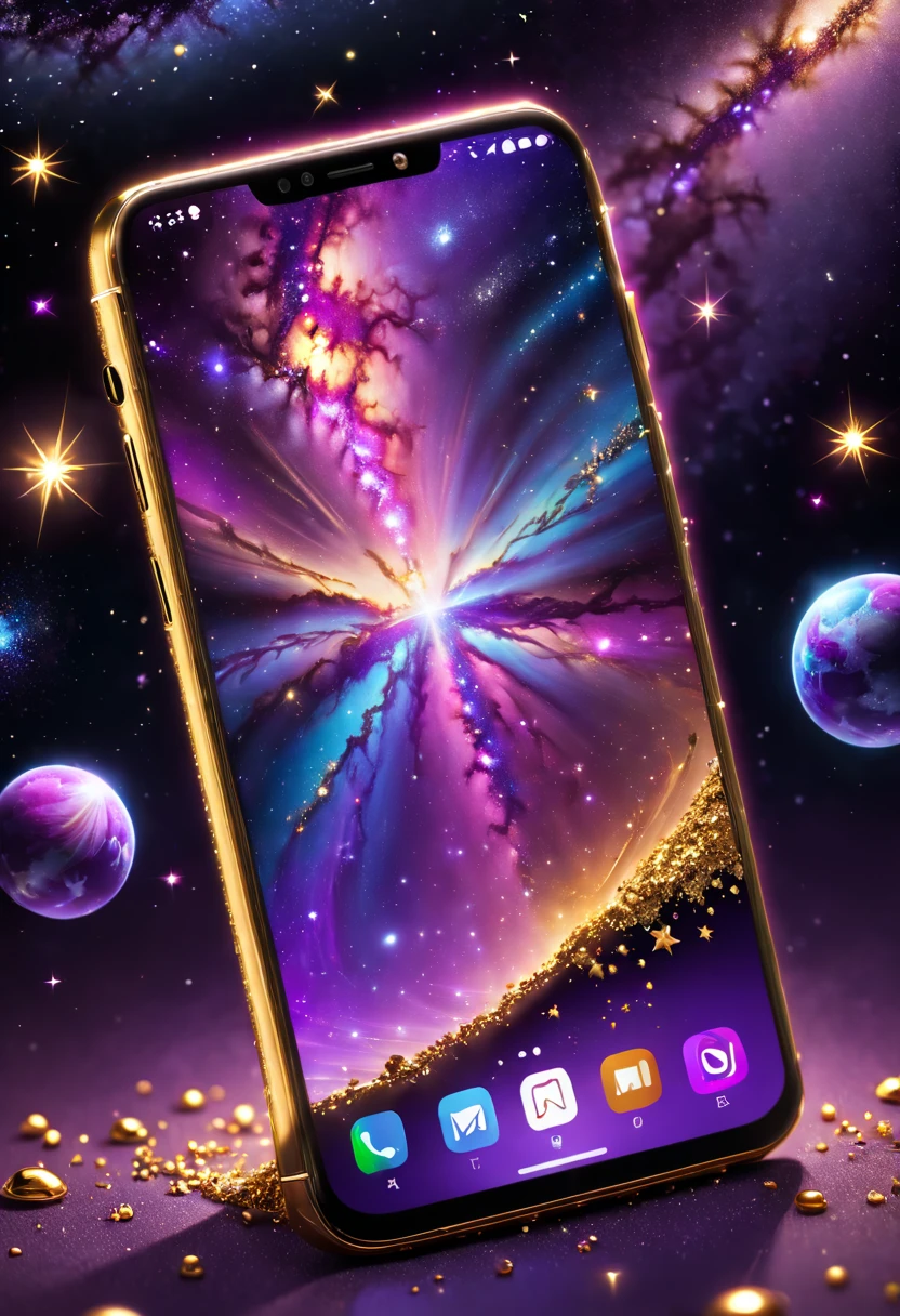 hyper HD, Super detail, Best quality, High details, 1080p, 16k, A high resolution,Phone close-up,A smartphone with a sparkling surface, Amazing smartphones, smartphone,Star-studded smartphones, purple sparkles, gold and purple, Glittering smartphones, glowing purple, The background is the mysterious cosmic starry sky,smartphone photography, smartphone,(The best illustrations),(The best shadow),Isometric 3D.Octane rendering,Hyperrealistic