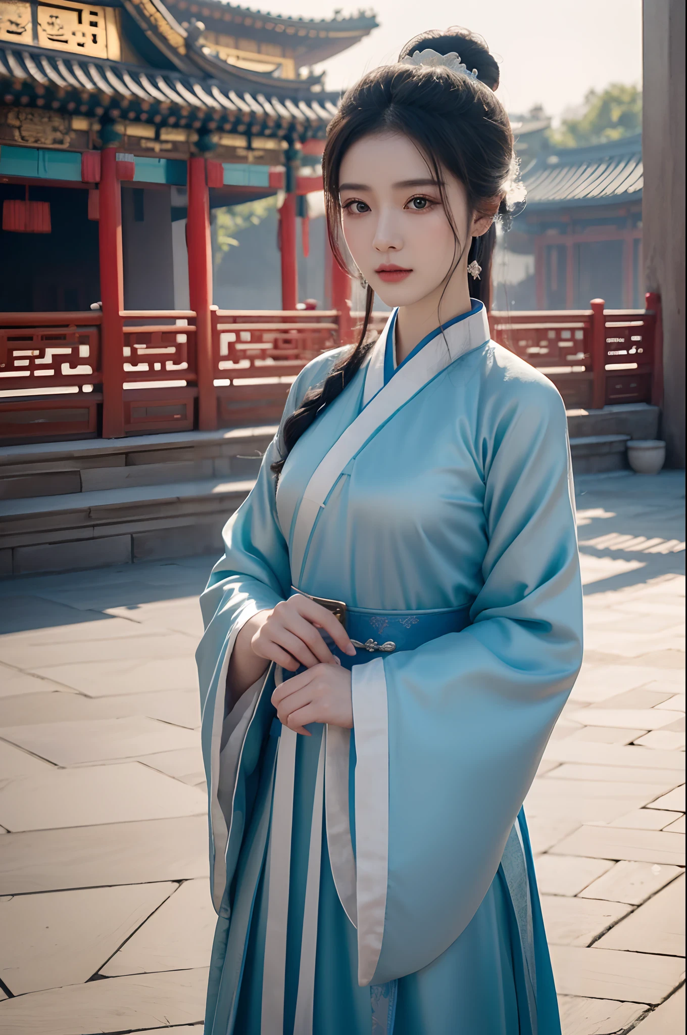 (Extremely detailed Cg Unity 8K wallpaper),(Masterpiece), (Best quality), (Ultra-detailed), (Best Illustration),(Best shadow), Cowboy shot, (Sharp eyeliner, eye shadows, Detailed eyes:1.1), (urban backdrop:1.2),There was a woman in a blue dress holding a fan, Hanfu, Palace , A girl in Hanfu, with acient chinese clothes, Chinese style, Wearing ancient Chinese clothes, Princesa chinesa antiga, China Princess, Chinese costume, shaxi, Chinese traditional, ancient asian dynasty princess, White Hanfu, ancient china art style, Traditional Chinese clothing,high high quality,uhd,hyper-detailing,Natural light。
