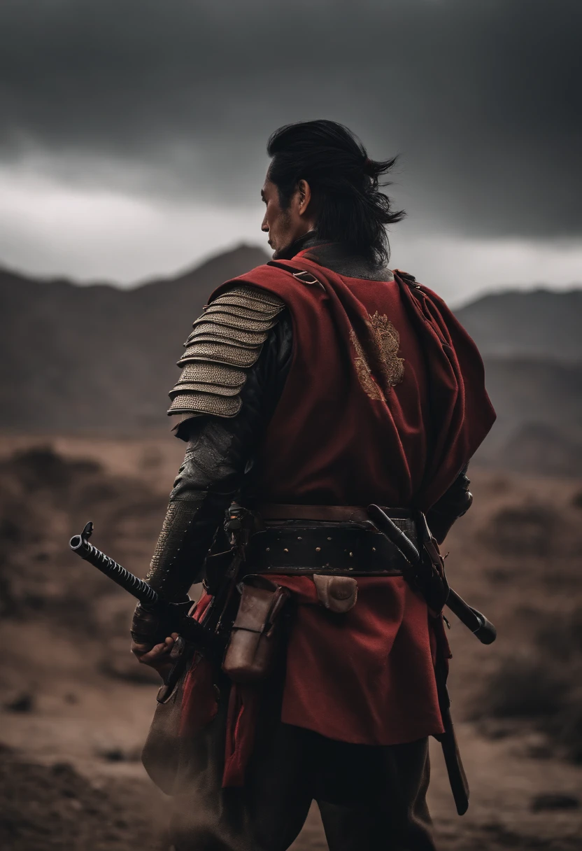 Samurai of Japan, bulletproof vest, M4a1, The rifle in his hand, , Red eyes, In the rocky desert, cloudy weather, Light rain, looking at viewert, triumphant pose, 4K, Good anatomy, Better quality, sharpy face,Extremely meticulous,Wide,preparing to fight