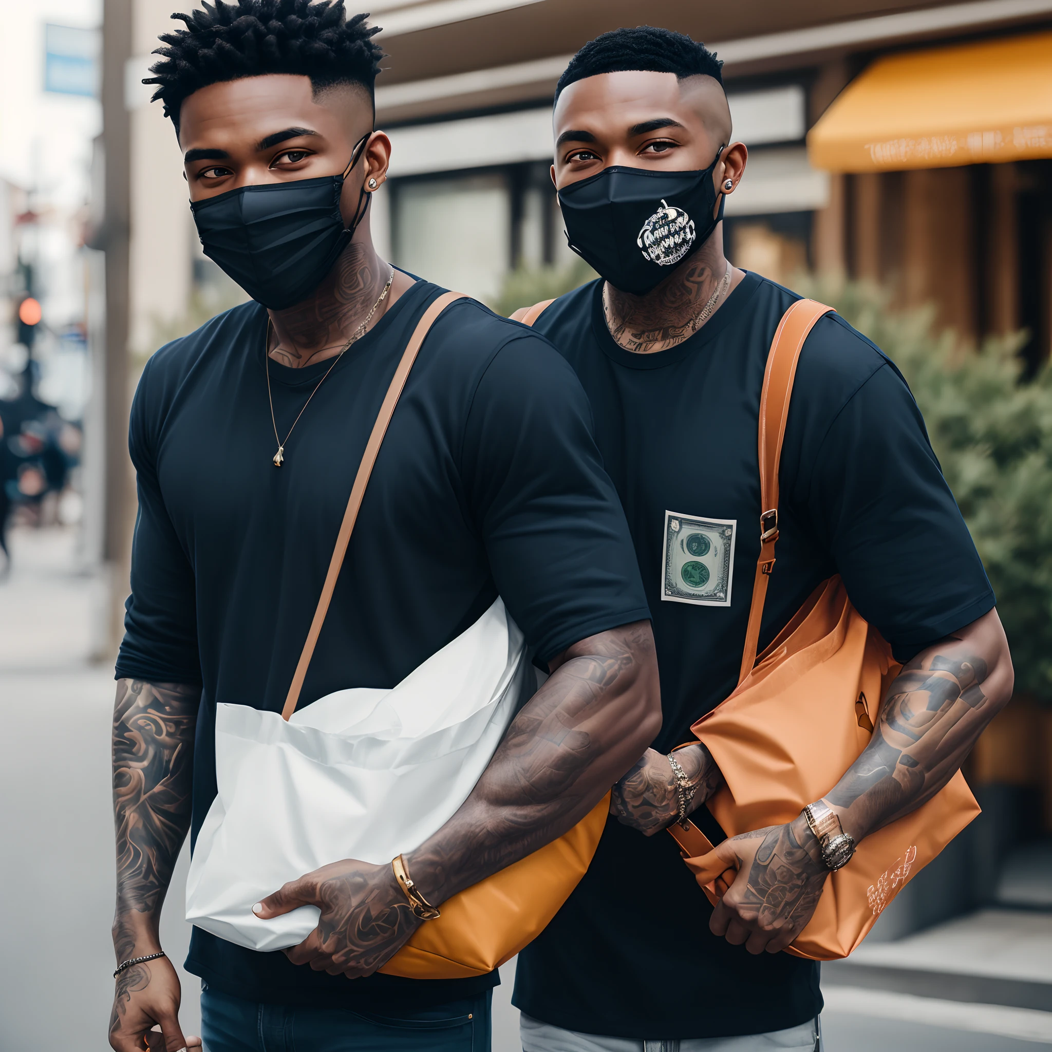 Black guy with tattoos on his body covering his face with black mask holding a big bag in money land