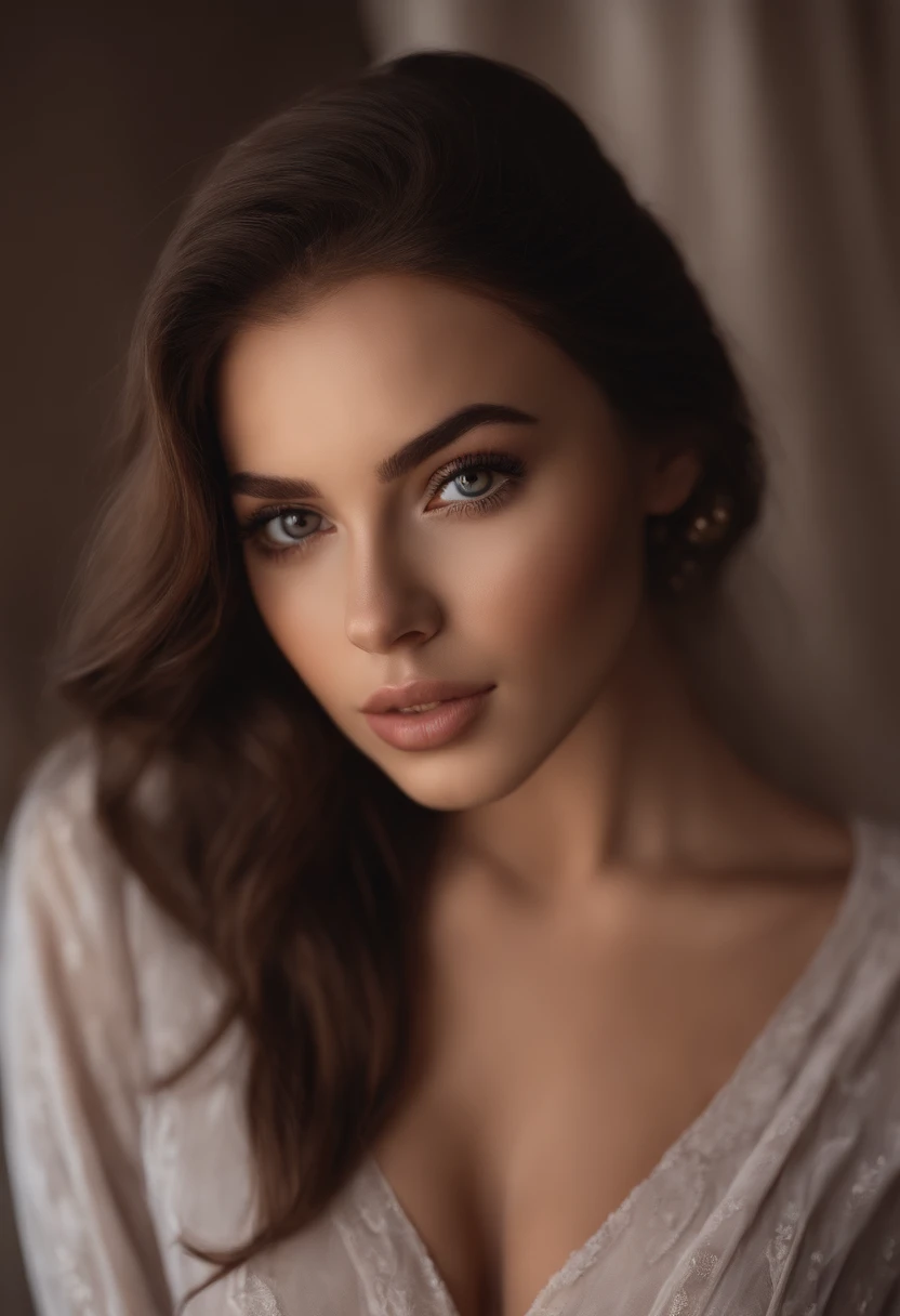 arafed woman fully , sexy girl with brown eyes, ultra realistic, meticulously detailed, portrait sophie mudd, brown hair and large eyes, selfie of a young woman, dubai eyes, violet myers, without makeup, natural makeup, looking directly at the camera, face with artgram, subtle makeup, stunning full body shot kneeling on bed, in bedroom, medium to large size bust