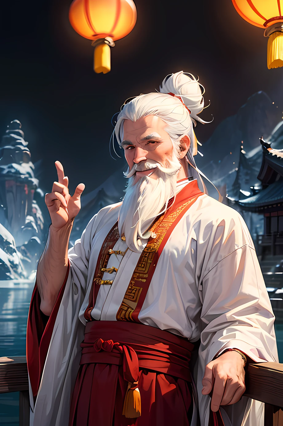 (high resolution:1.2),ultra-detailed,beautiful lighting,1boy,white hair,long beard,old man,smiling,hairbun,Chinese robes,cinematic lighting,Chinese mountains background,lake