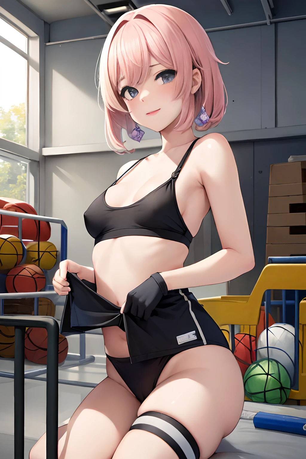 Altamente detallado, alta calidad, obra maestra, yae de Genshin Impact, ((small breasts)), Gymnasium warehouse, uniforme de gimnasio, tetas desnudas, semidesnudo