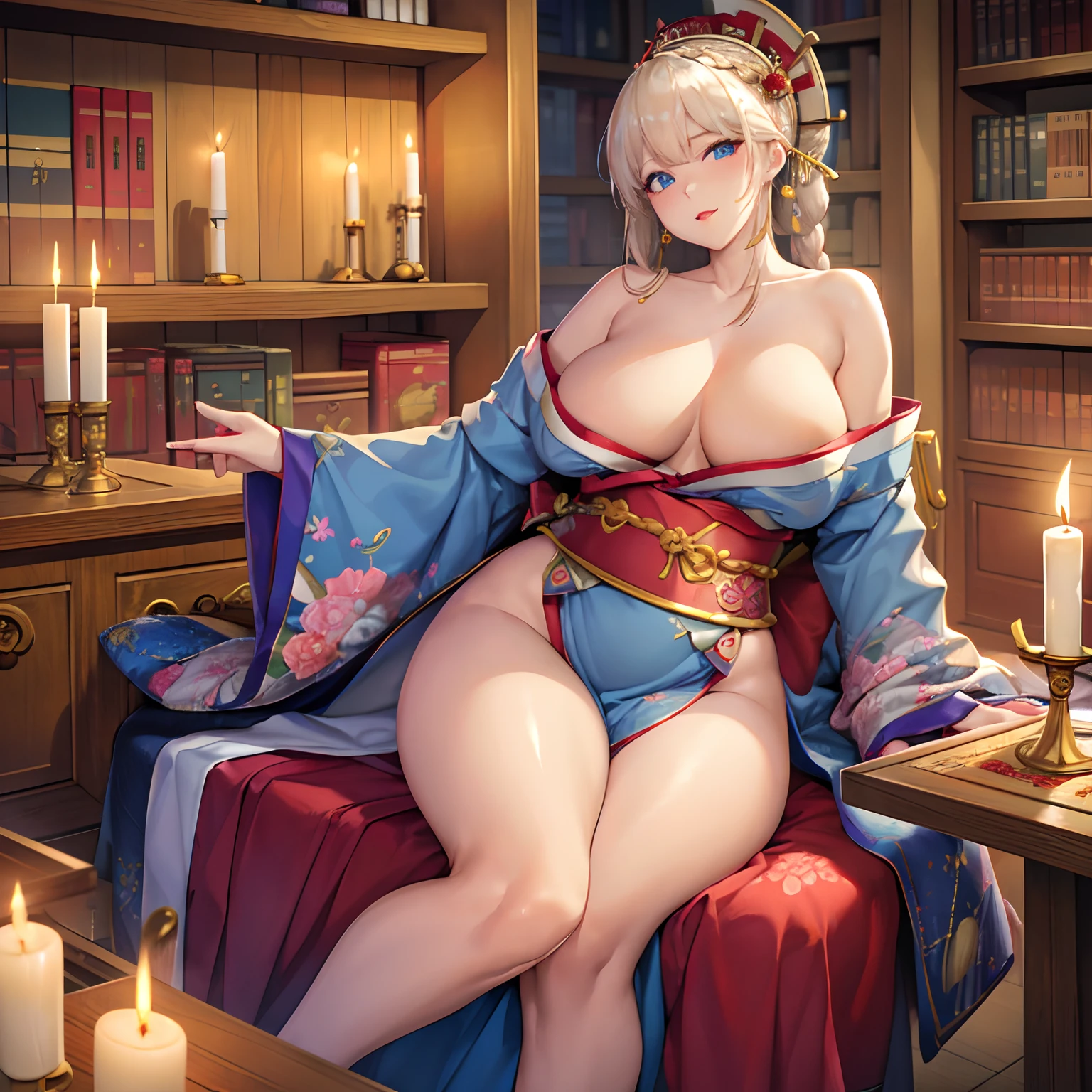 Masterpiece, Best Quality, (((Solo mature woman Janet))), (((platinum blonde hair))), ((long braided Ponytail)), (((wide hips))), (((light blue eyes))), full lips, seductive smile, cleavage, (((sitting on wooden throne))), (((bookshelves, candles))) sunset, blushing, "beautiful mature face" , age30 , MILF , adult ((open kimono with detailed patterns of gold)), bare shoulder, ((Sexual suggestiveness)), perfect beautiful eyes, detailed eyes. thick lips, ((big boobs)), (Thick thighs), top down, looking down, (((shiny skin))), (((chubby))), necklace, bracelets, hoop earrings, (((European Face))), ((Oiran)), Japanese Clothing, Boobplate, obi, intricate, eye shadow, floral print, hairpin, lipstick, make-up, red lips, sarashi, (((kiseru))), kanzashi, holding pipe in right hand