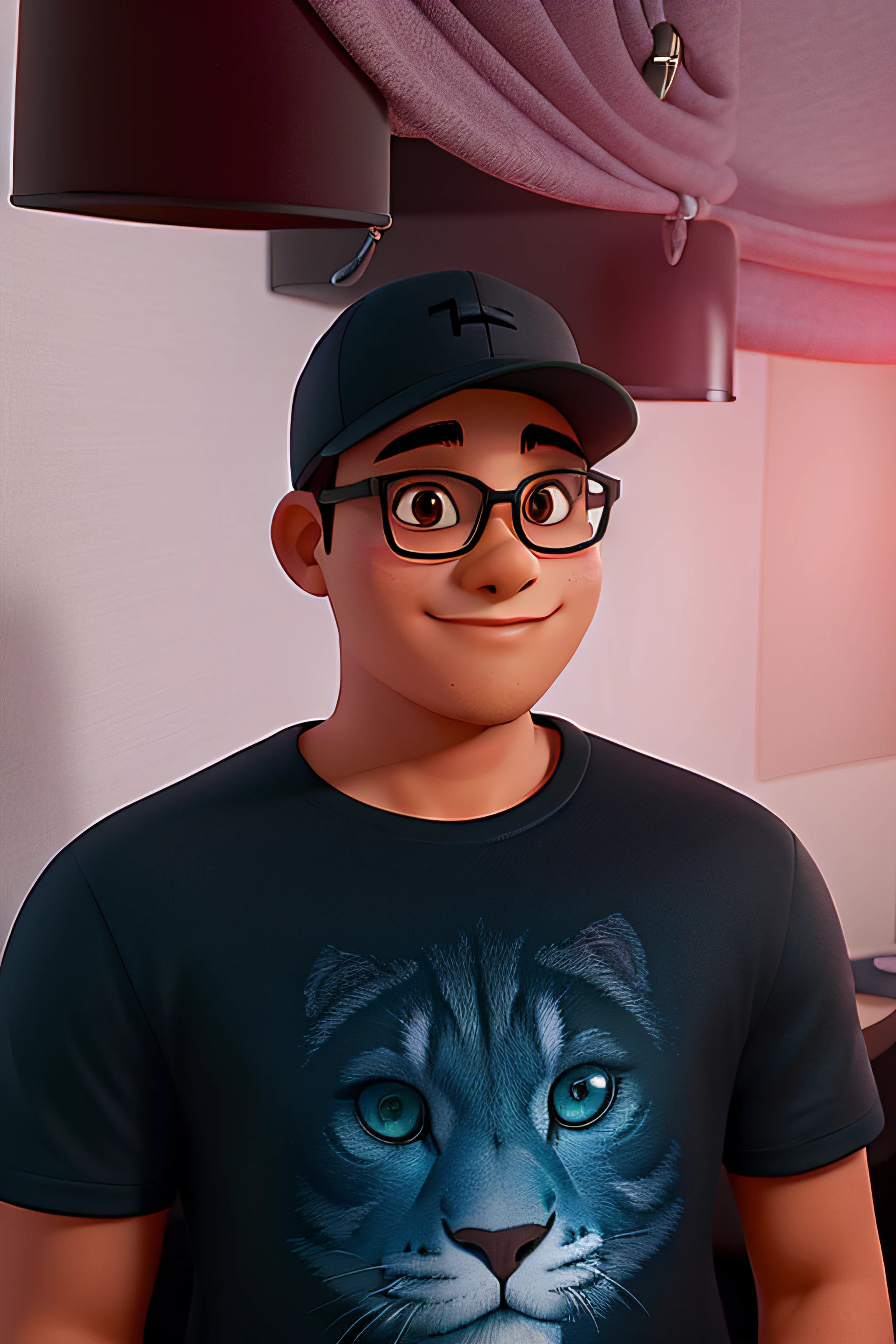 Jovem de pele morena, wearing a black cap and prescription glasses, parado na frente, illuminated by the light of a lamp, contra o pano de fundo de uma biblioteca