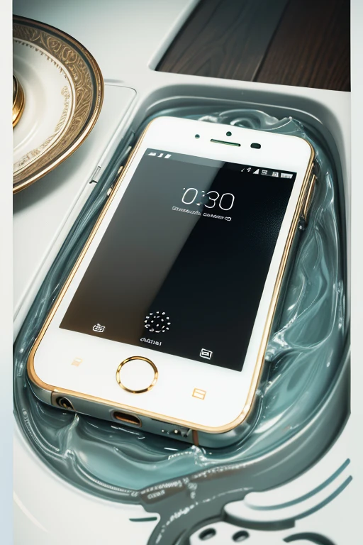 Close-up of a mobile phone,There is a smartphone on the table,smartphone,Lake surface,exquisite and smooth details,exquisite detailing,Professional smartphone product photography,Smartphone product advertising,