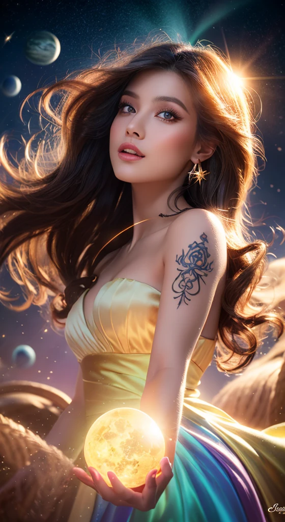 (realistic) A sorceress in a cloud universe with shining stars and galaxy, tattoo symbols surrounding her arms - glowing - wearing elegant flowing dress, surrounded by vibrant and colorful light particles surround, heaven opens into the swirls of galaxy. Portrait scene. Her (beautiful detailed) eyes and (beautiful detailed) lips. The dress is made of a light material. The girl's hair flows down in (loose and natural) curls, adding to her (gentle and carefree) appearance. She is holding a glowing orb that has swirls of colors. The overall image is of (best quality, highres) with (ultra-detailed) textures and (realistic) colors. The color palette dreamy and ethereal atmosphere. The lighting is soft, casting subtle shadows. 8k cinematic, volumetric lighting, golden ratio