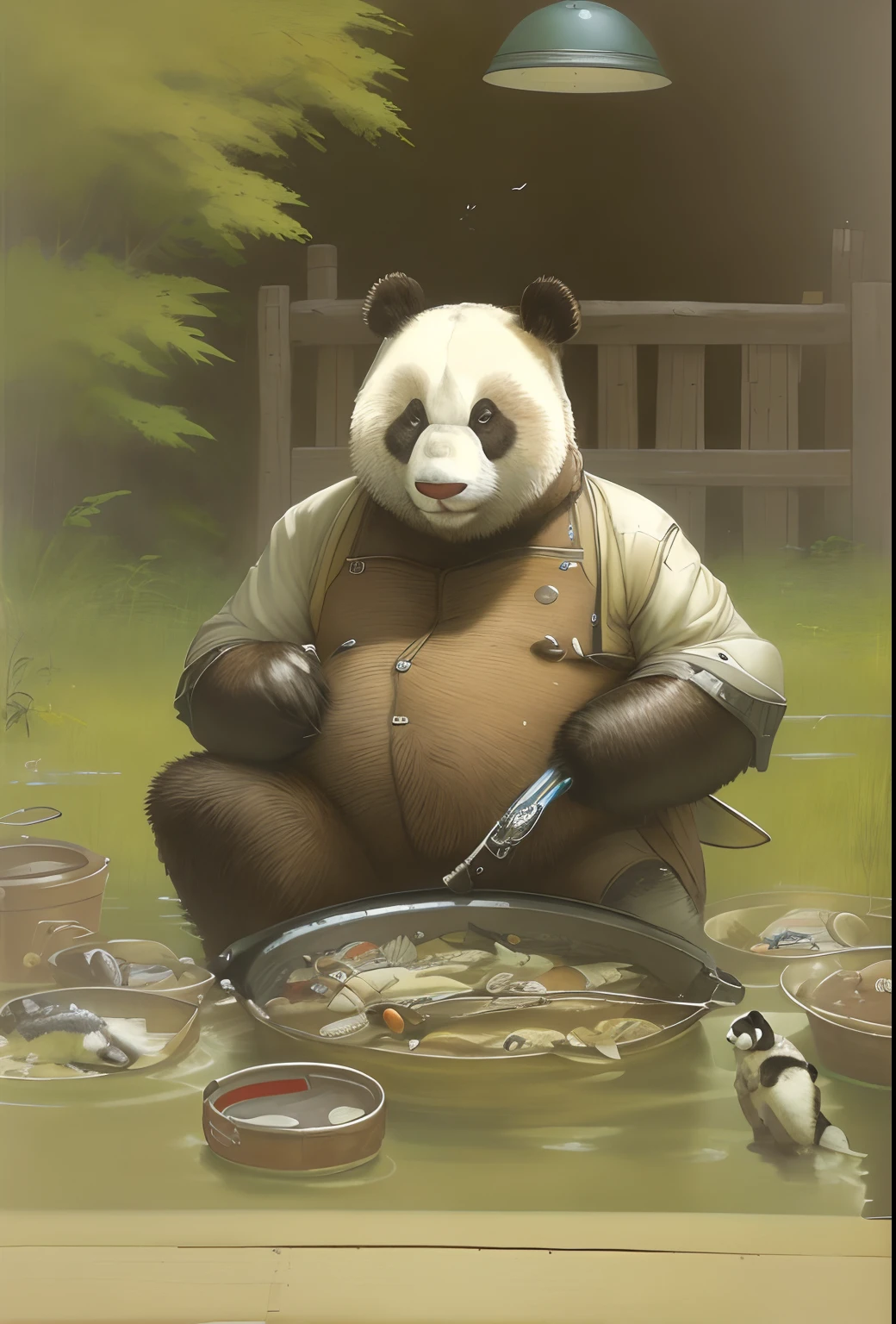 Jean-Baptiste Monge's painting of a large panda, Dressed in fishing boots with fishing tackle, On a summer day in a meadow a bucket of fish, , jean - baptiste monge, anthropomorphic --ar 2:3 --testp -optimistic;