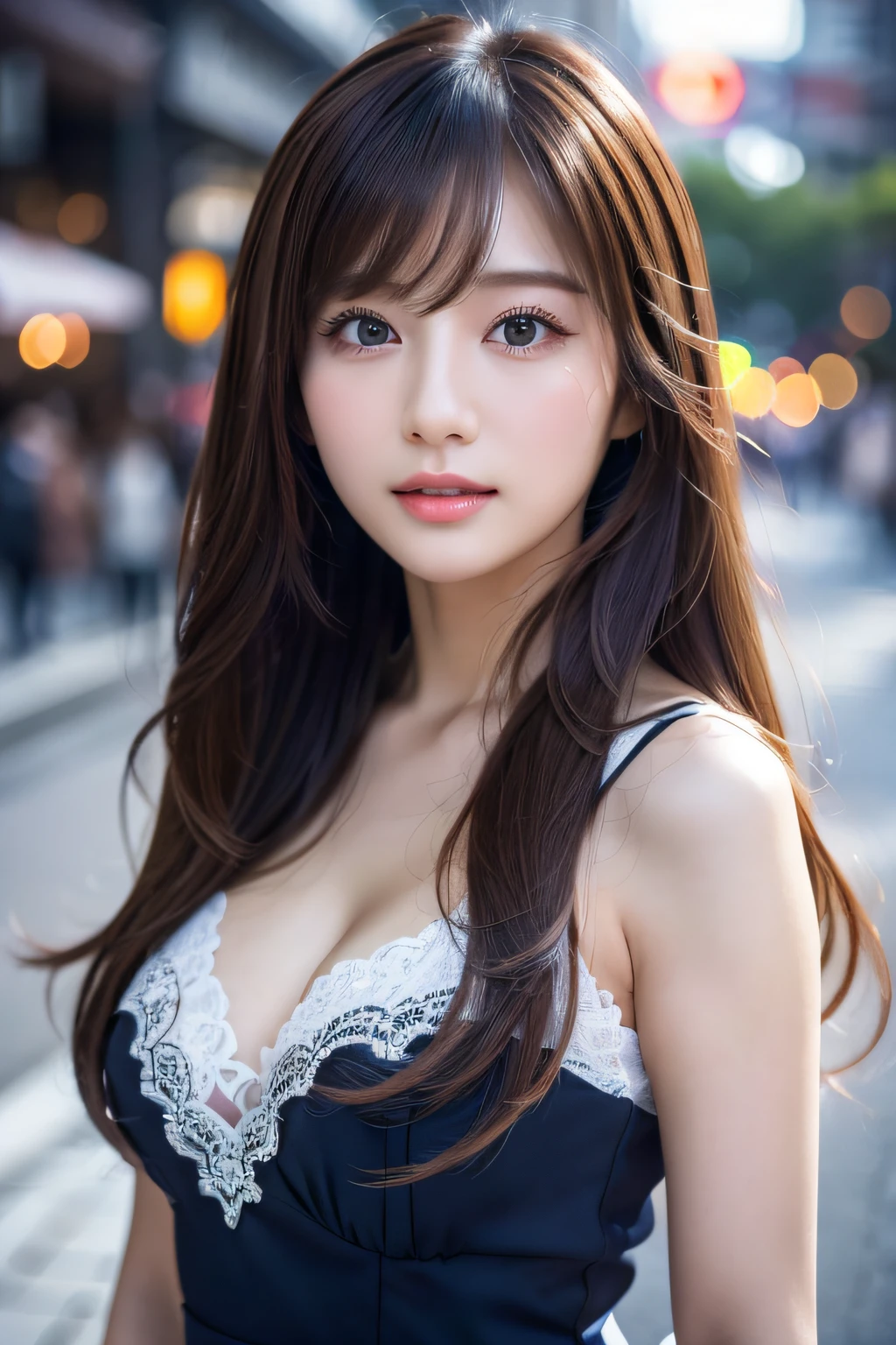 ​masterpiece、1 beautiful girl、A detailed eye、Puffy eyes、top-quality, 超A high resolution, (Realisticity: 1.4), cinematlic lighting、japanes、Asian Beauty、Korea person、Super beauty、Beautiful skin、The body is facing forward、up of face、(A hyper-realistic)、(hight resolution)、(8K)、(ighly detailed)、(beautifully detailed eyes)、(ultra-detailliert)、 (wall-paper)、A detailed face、Bright lighting、profetional lighting、looking at viewert、Facing straight ahead、oblique bangs、nighttime scene、Brown hair、乃木坂アイドル、韓国アイドル、hposing Gravure Idol、女優、25-years old、