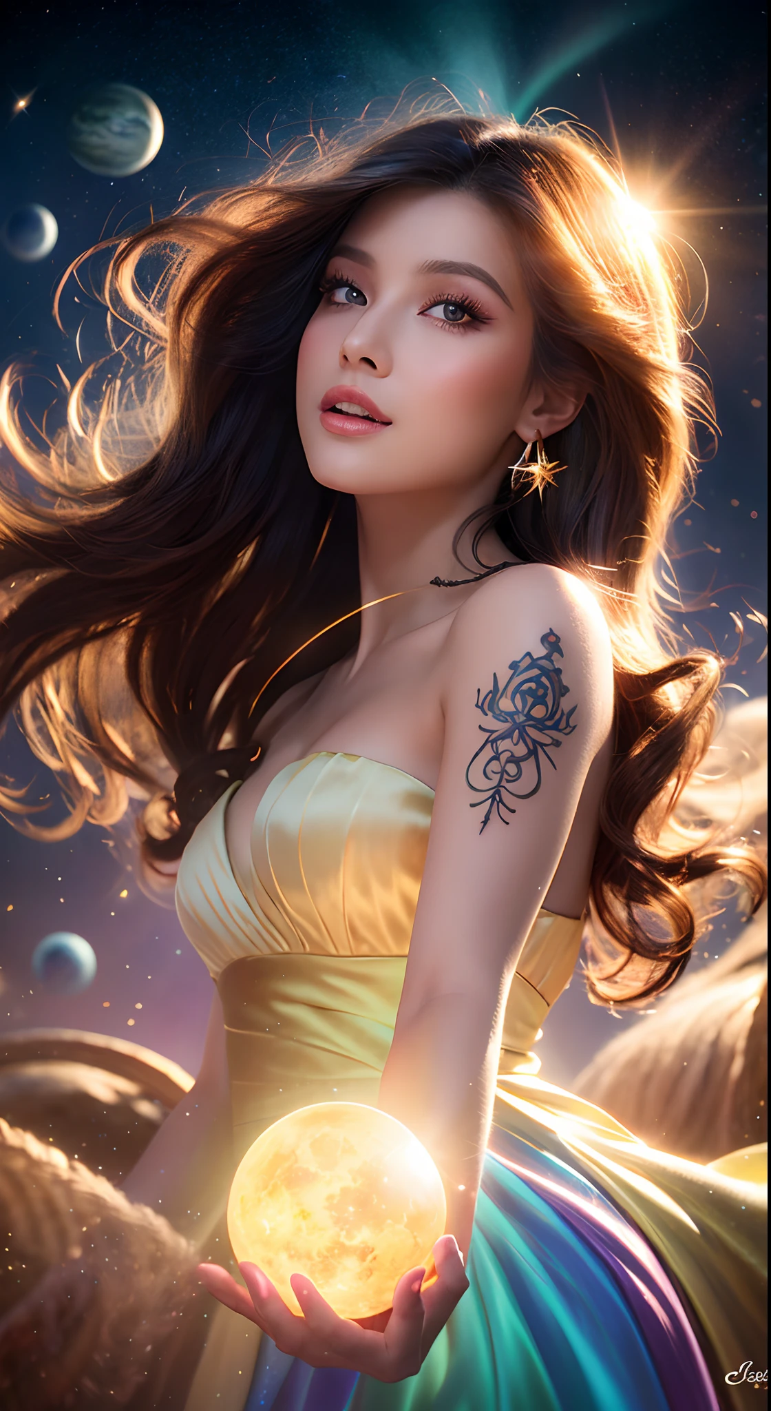 (realistic) A sorceress in a cloud universe with shining stars and galaxy, tattoo symbols surrounding her arms - glowing - wearing elegant flowing dress, surrounded by vibrant and colorful  light particles surround, heaven opens into the swirls of galaxy. Portrait scene. Her (beautiful detailed) eyes and (beautiful detailed) lips. The dress is made of a light material. The girl's hair flows down in (loose and natural) curls, adding to her (gentle and carefree) appearance. She is holding a glowing orb that has swirls of colors. The overall image is of (best quality, highres) with (ultra-detailed) textures and (realistic) colors. The color palette dreamy and ethereal atmosphere. The lighting is soft, casting subtle shadows. 8k cinematic, volumetric lighting, golden ratio