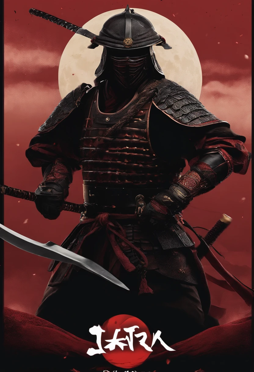 The samurai of Japan were blindfolded，Holding a katana in front of the red moon, Urban Samurai, anthem game inspiration, epic image, Era,Frontal photo，Extremely meticulous，full armour，preparing to fight，Normal photo，relaxing，no helmet，Bunched hair，Black armor