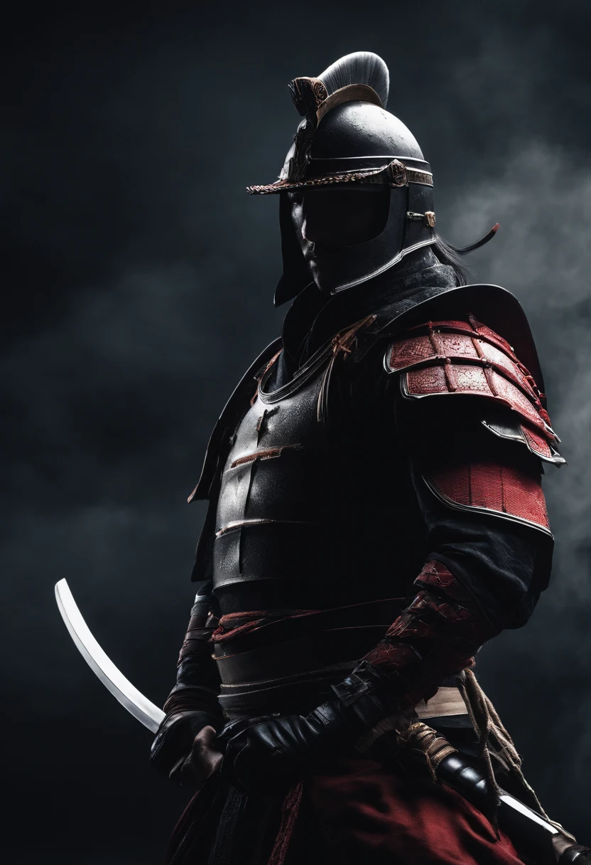 The samurai of Japan were blindfolded,Holding a katana in front of the red moon, Urban Samurai, anthem game inspiration, epic image, Era,Frontal photo,Extremely meticulous,full armour,preparing to fight,Normal photo,relaxing,no helmet,Bunched hair,Black armor