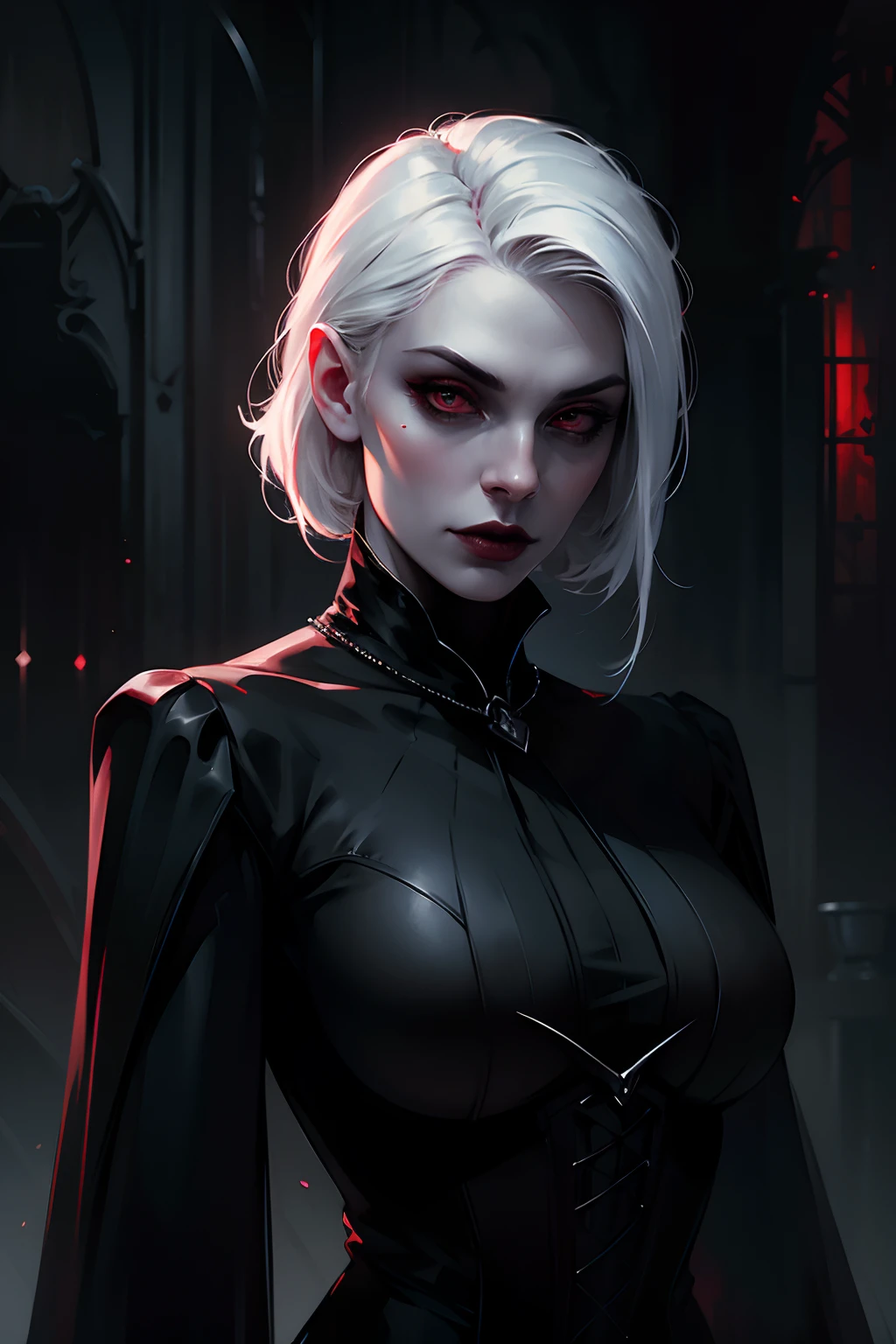 Woman with white hair and red eyes in black shirt, black lips,  huge breasts, ponytail, Vampire Girl, Dark, But detailed digital art, dark fantasy style art, Portrait of a vampire, androgynous vampire, Dark art style, style of charlie bowater, gothic horror vibes, tom bagshaw artstyle, gothic art style, dark fantasy portrait, neoartcore and charlie bowater